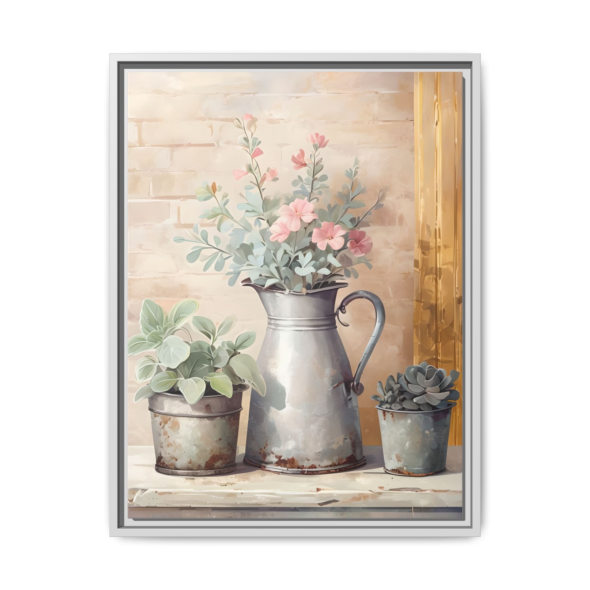 Vintage Galvanized Buckets with Pink Flowers & Succulents Canvas Wall Art, Rustic Brick Wall Farmhouse Decor, Shabby Chic Floral Print