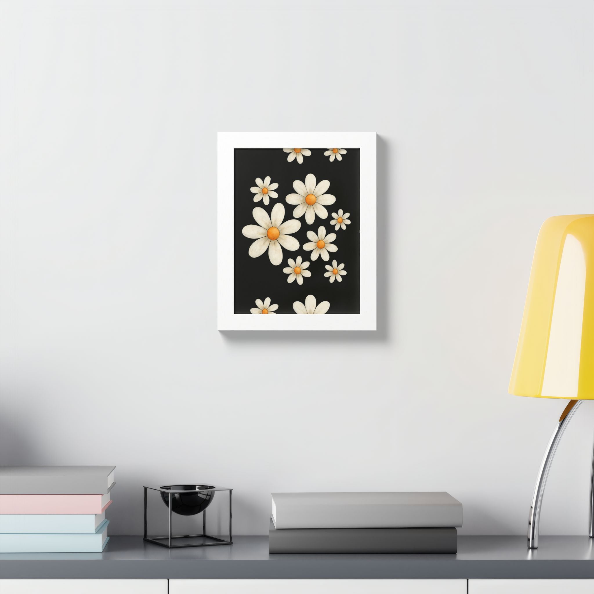 Framed Poster, Daisy Flower Wood, Floral Wall Art, Botanical Home Decor, Nature Lover Gift, Black Background, Unique Design