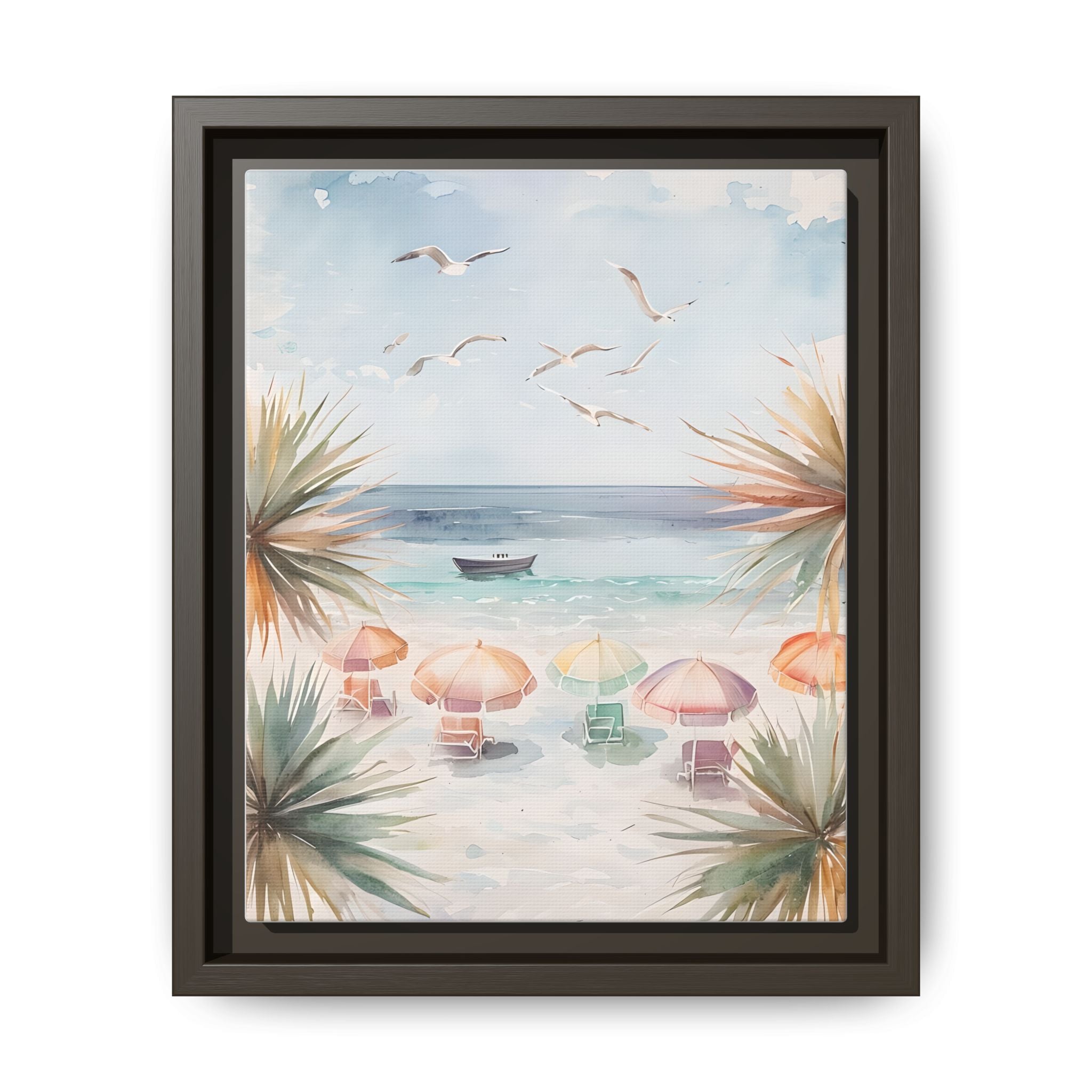 Beach Scene Canvas Wall Art, Oceanview Balcony Print, Umbrellas Seagulls Palm Trees Boat, Matte Framed Decor, Coastal Home Decoration