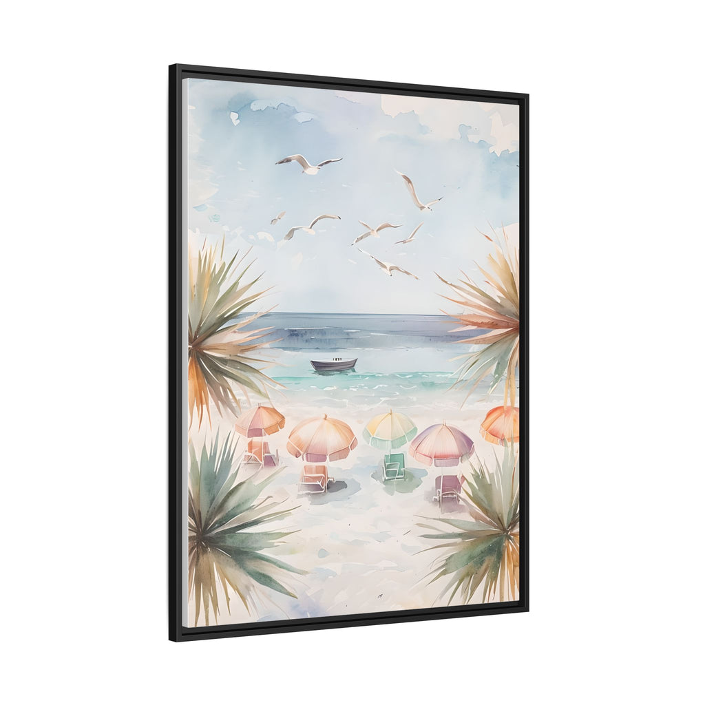 Beach Scene Canvas Wall Art, Oceanview Balcony Print, Umbrellas Seagulls Palm Trees Boat, Matte Framed Decor, Coastal Home Decoration