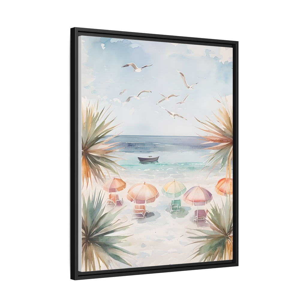 Beach Scene Canvas Wall Art, Oceanview Balcony Print, Umbrellas Seagulls Palm Trees Boat, Matte Framed Decor, Coastal Home Decoration