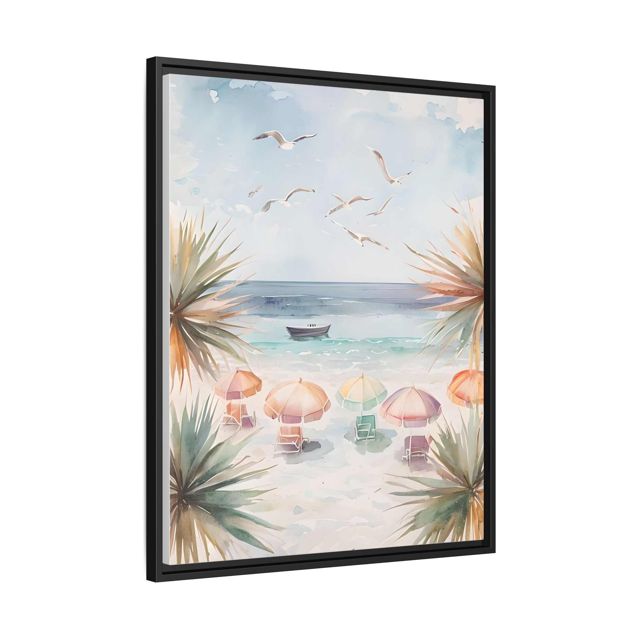 Beach Scene Canvas Wall Art, Oceanview Balcony Print, Umbrellas Seagulls Palm Trees Boat, Matte Framed Decor, Coastal Home Decoration