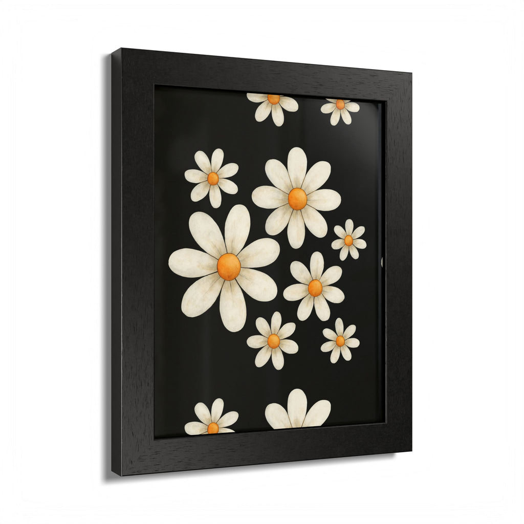 Framed Poster, Daisy Flower Wood, Floral Wall Art, Botanical Home Decor, Nature Lover Gift, Black Background, Unique Design