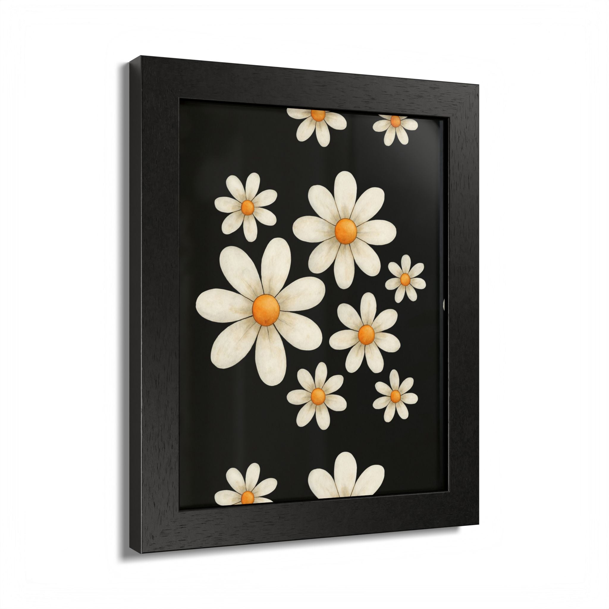Framed Poster, Daisy Flower Wood, Floral Wall Art, Botanical Home Decor, Nature Lover Gift, Black Background, Unique Design