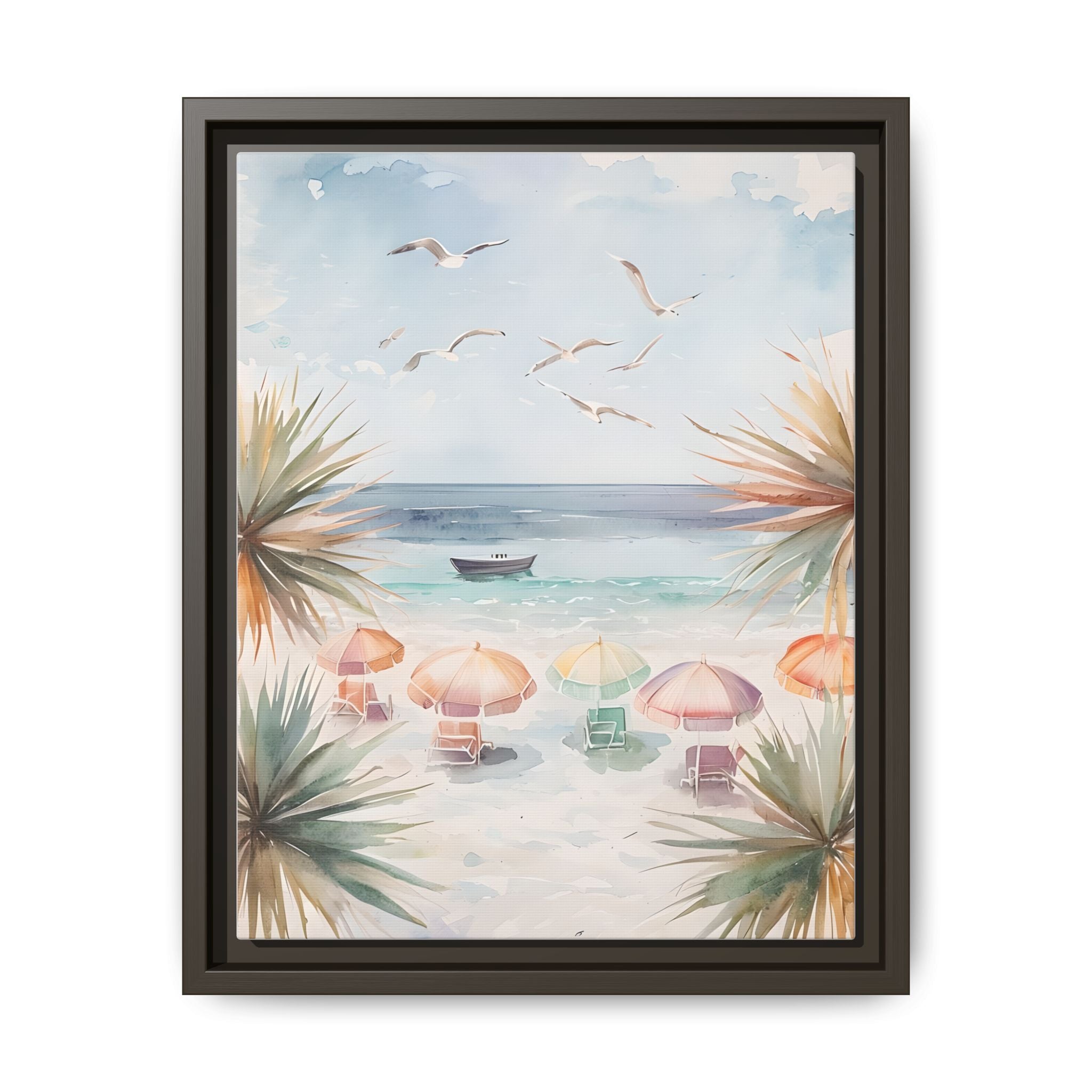 Beach Scene Canvas Wall Art, Oceanview Balcony Print, Umbrellas Seagulls Palm Trees Boat, Matte Framed Decor, Coastal Home Decoration