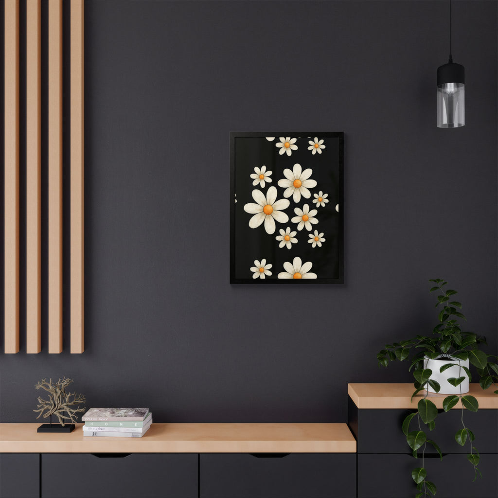 Framed Poster, Daisy Flower Wood, Floral Wall Art, Botanical Home Decor, Nature Lover Gift, Black Background, Unique Design