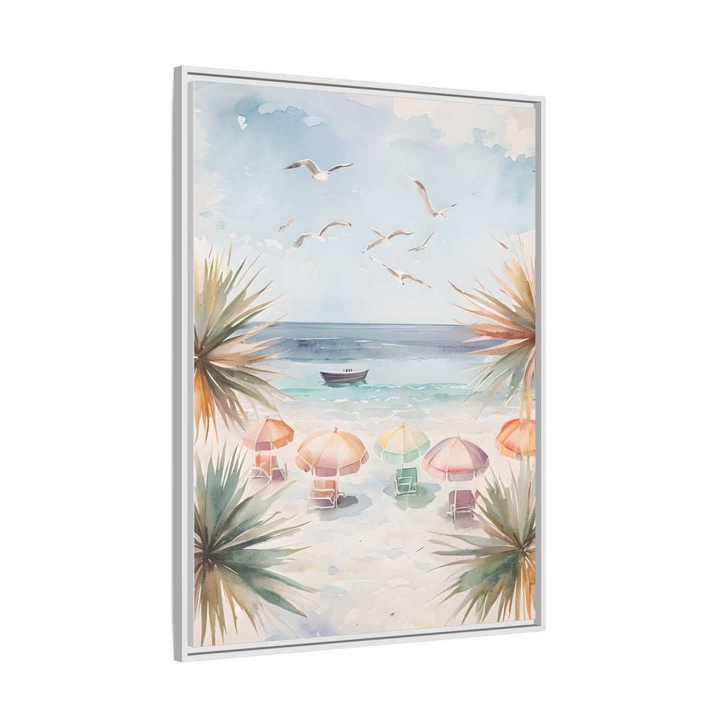 Beach Scene Canvas Wall Art, Oceanview Balcony Print, Umbrellas Seagulls Palm Trees Boat, Matte Framed Decor, Coastal Home Decoration