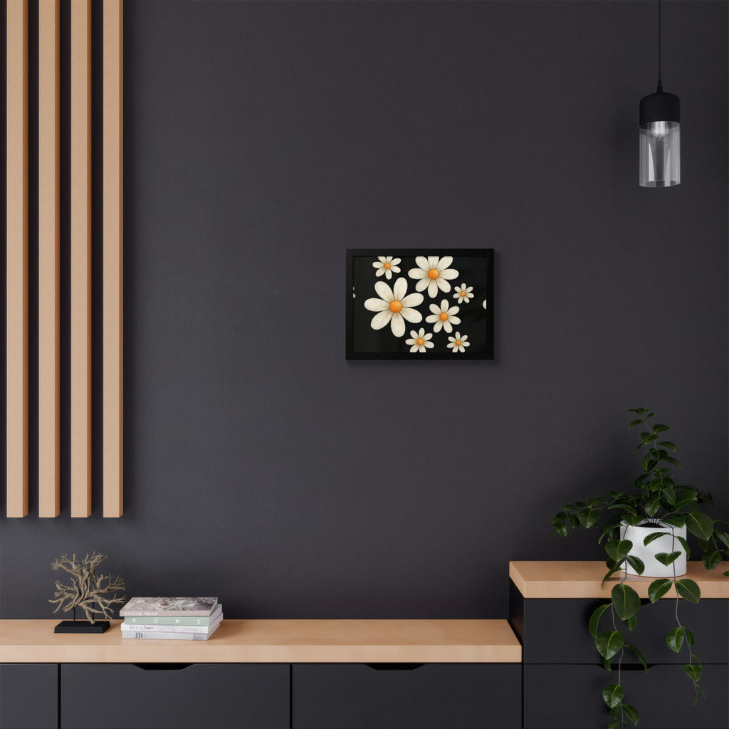 Framed Poster, Daisy Flower Wood, Floral Wall Art, Botanical Home Decor, Nature Lover Gift, Black Background, Unique Design