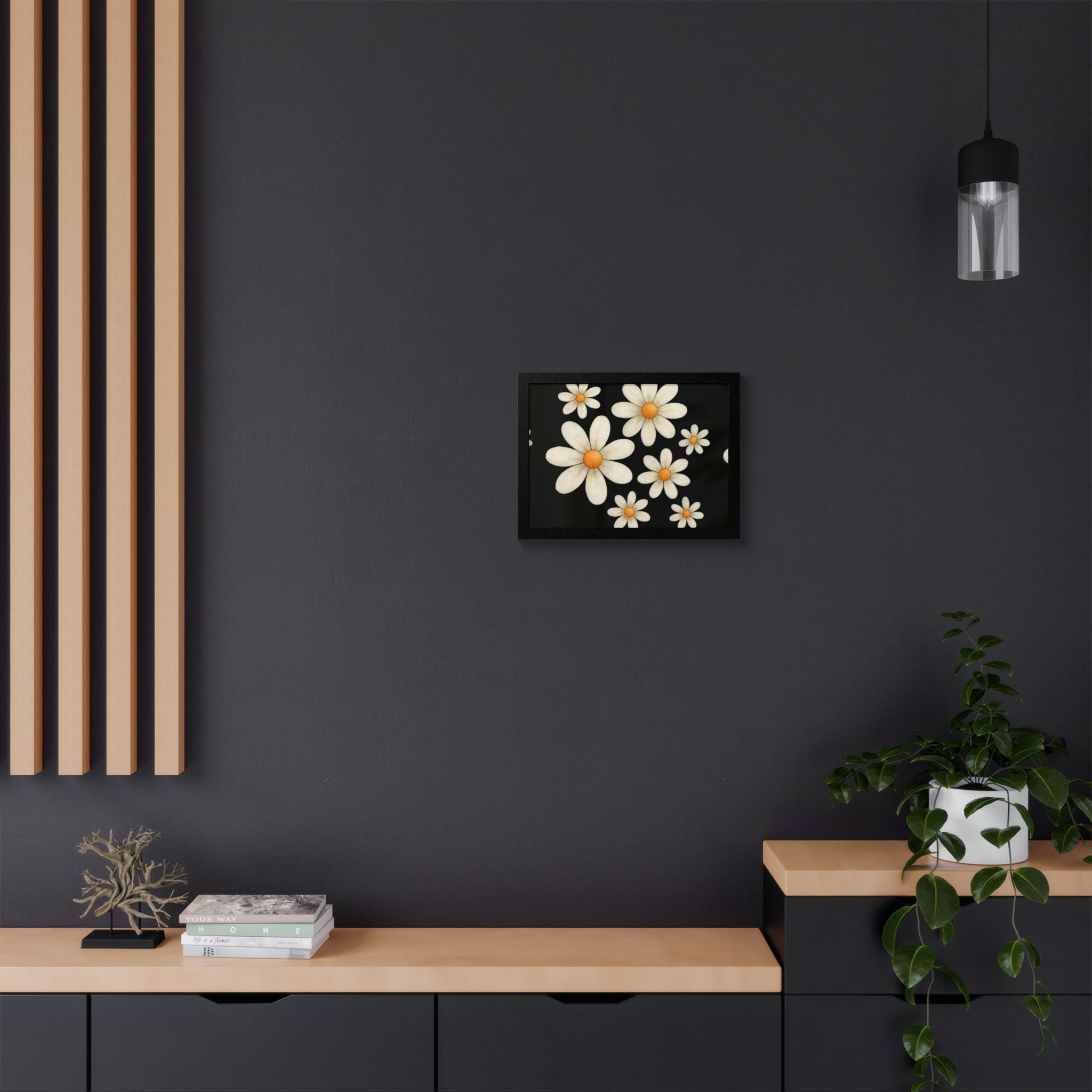 Framed Poster, Daisy Flower Wood, Floral Wall Art, Botanical Home Decor, Nature Lover Gift, Black Background, Unique Design
