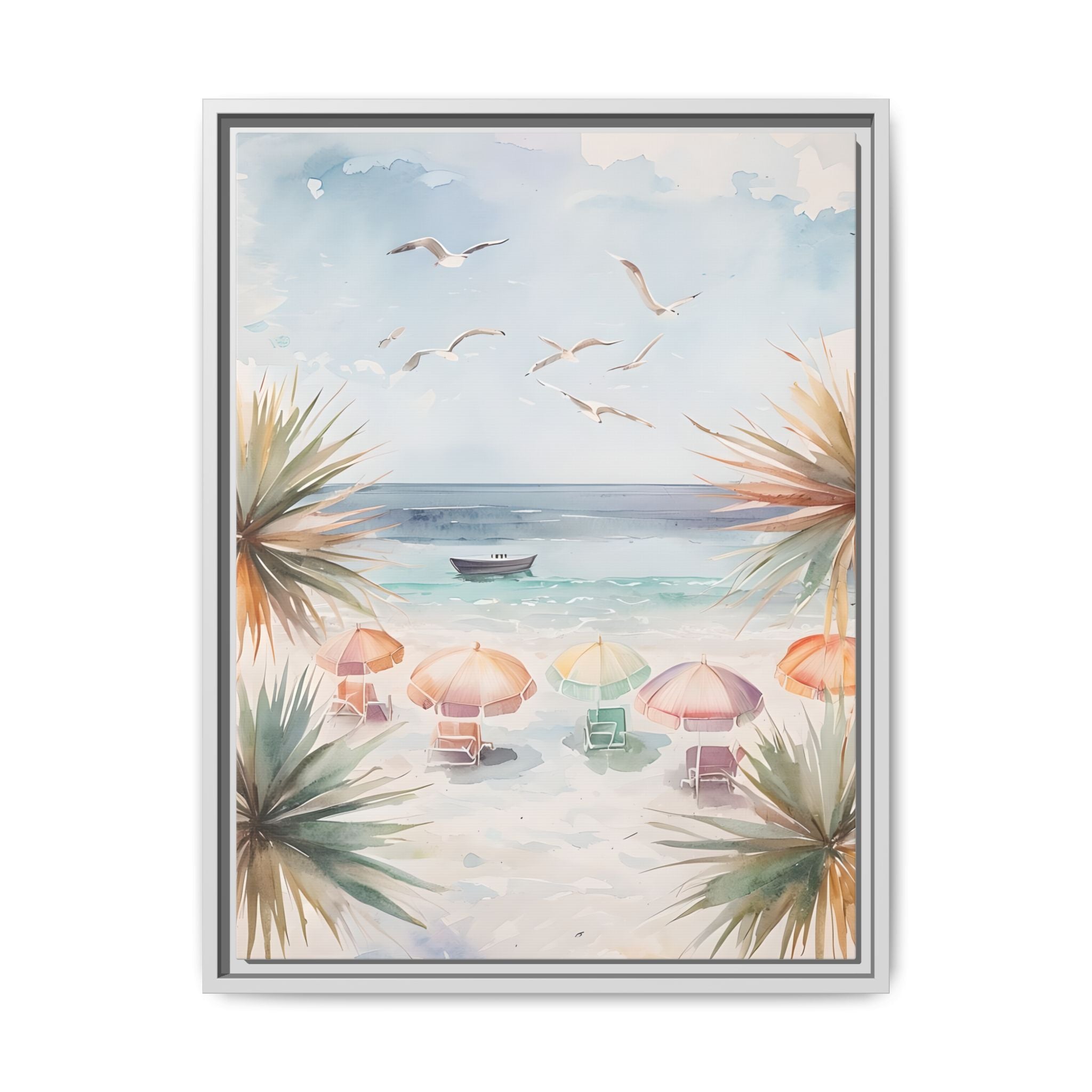 Beach Scene Canvas Wall Art, Oceanview Balcony Print, Umbrellas Seagulls Palm Trees Boat, Matte Framed Decor, Coastal Home Decoration