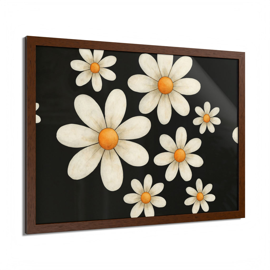 Framed Poster, Daisy Flower Wood, Floral Wall Art, Botanical Home Decor, Nature Lover Gift, Black Background, Unique Design