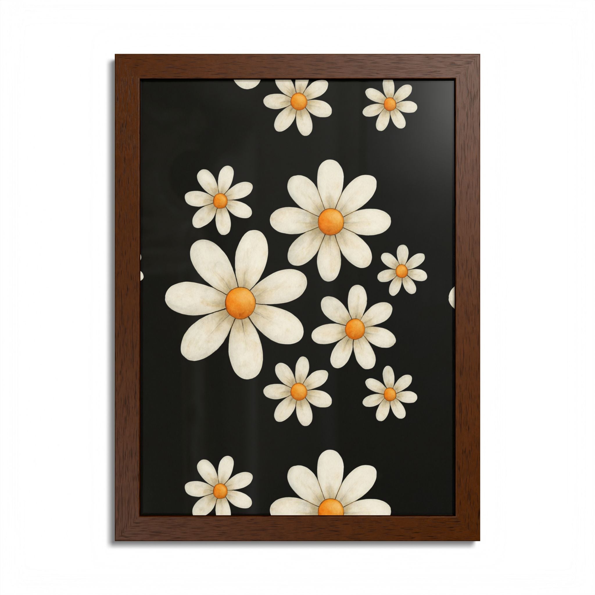 Framed Poster, Daisy Flower Wood, Floral Wall Art, Botanical Home Decor, Nature Lover Gift, Black Background, Unique Design
