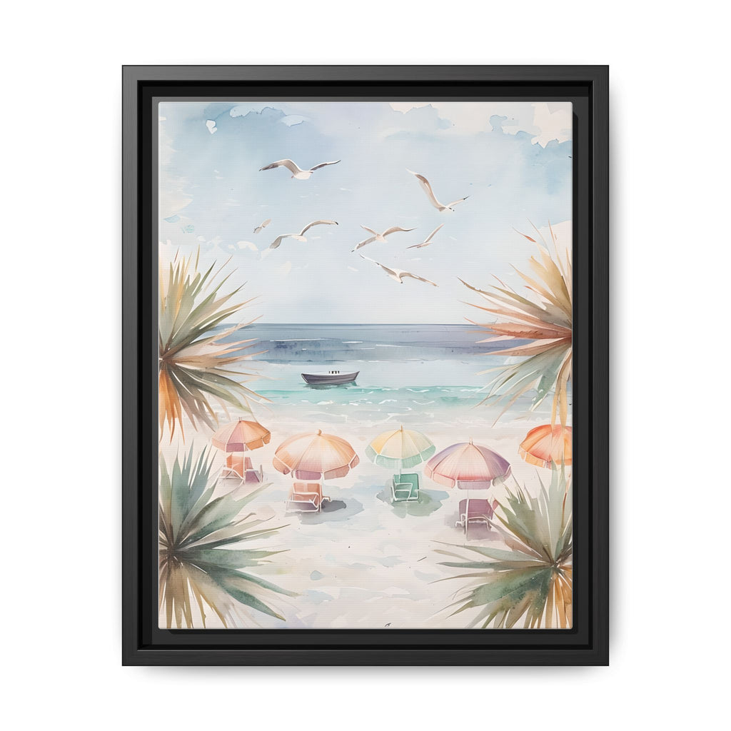 Beach Scene Canvas Wall Art, Oceanview Balcony Print, Umbrellas Seagulls Palm Trees Boat, Matte Framed Decor, Coastal Home Decoration