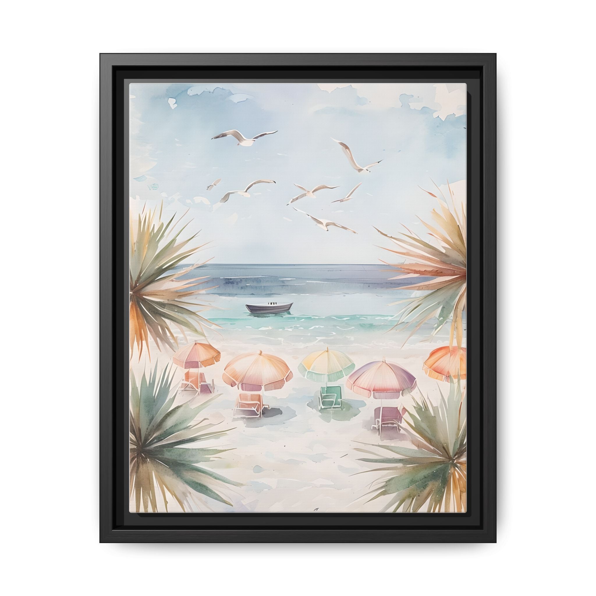 Beach Scene Canvas Wall Art, Oceanview Balcony Print, Umbrellas Seagulls Palm Trees Boat, Matte Framed Decor, Coastal Home Decoration