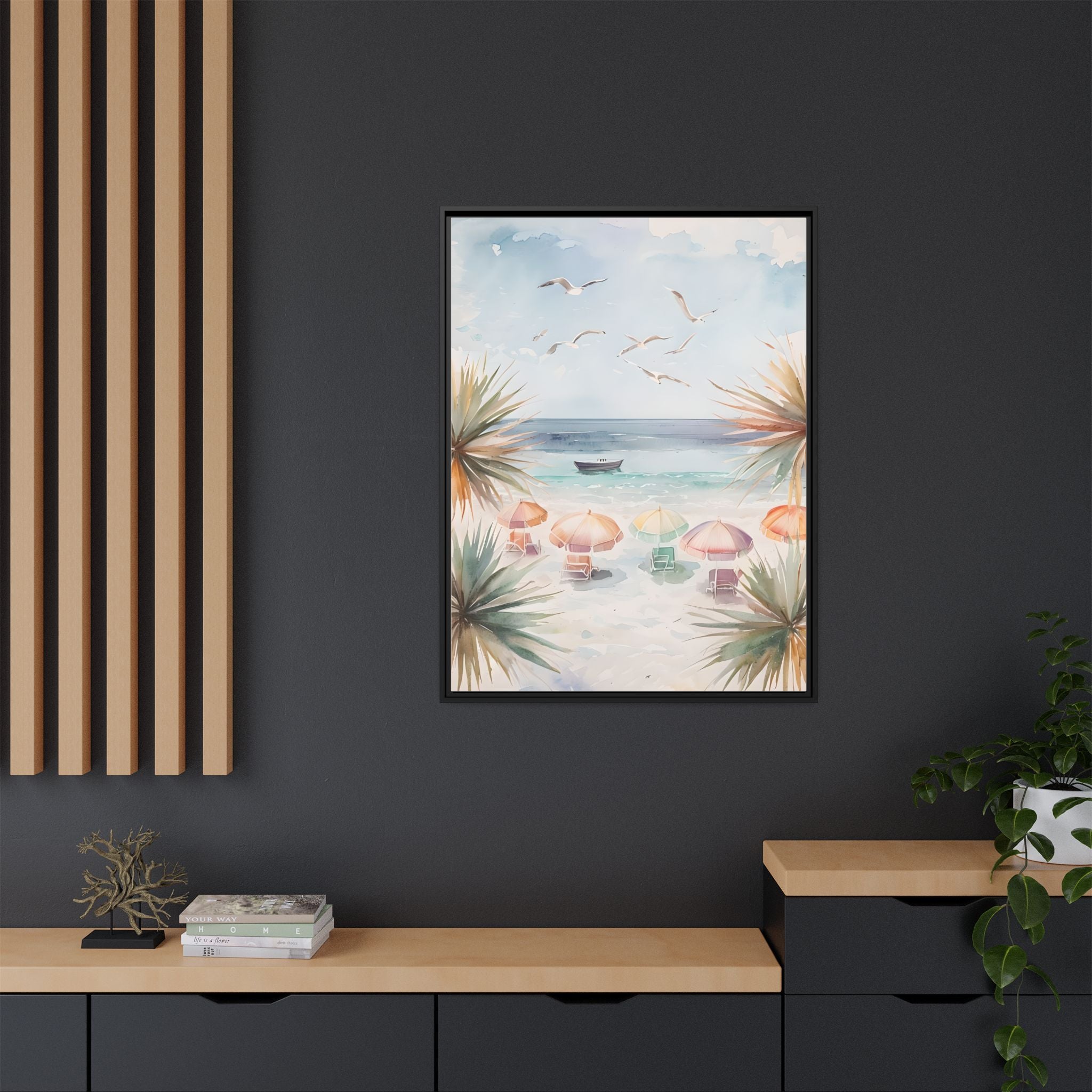 Beach Scene Canvas Wall Art, Oceanview Balcony Print, Umbrellas Seagulls Palm Trees Boat, Matte Framed Decor, Coastal Home Decoration