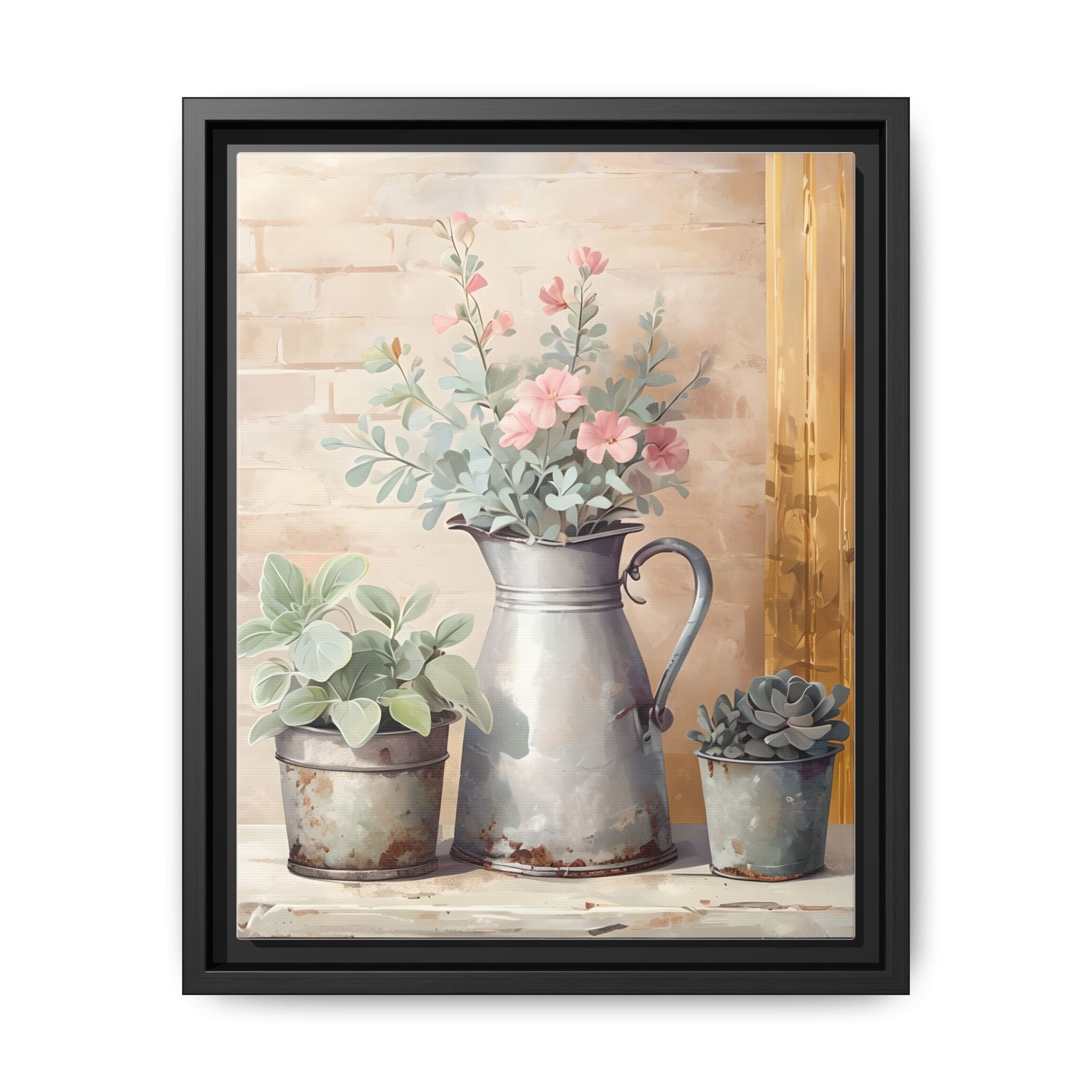 Vintage Galvanized Buckets with Pink Flowers & Succulents Canvas Wall Art, Rustic Brick Wall Farmhouse Decor, Shabby Chic Floral Print