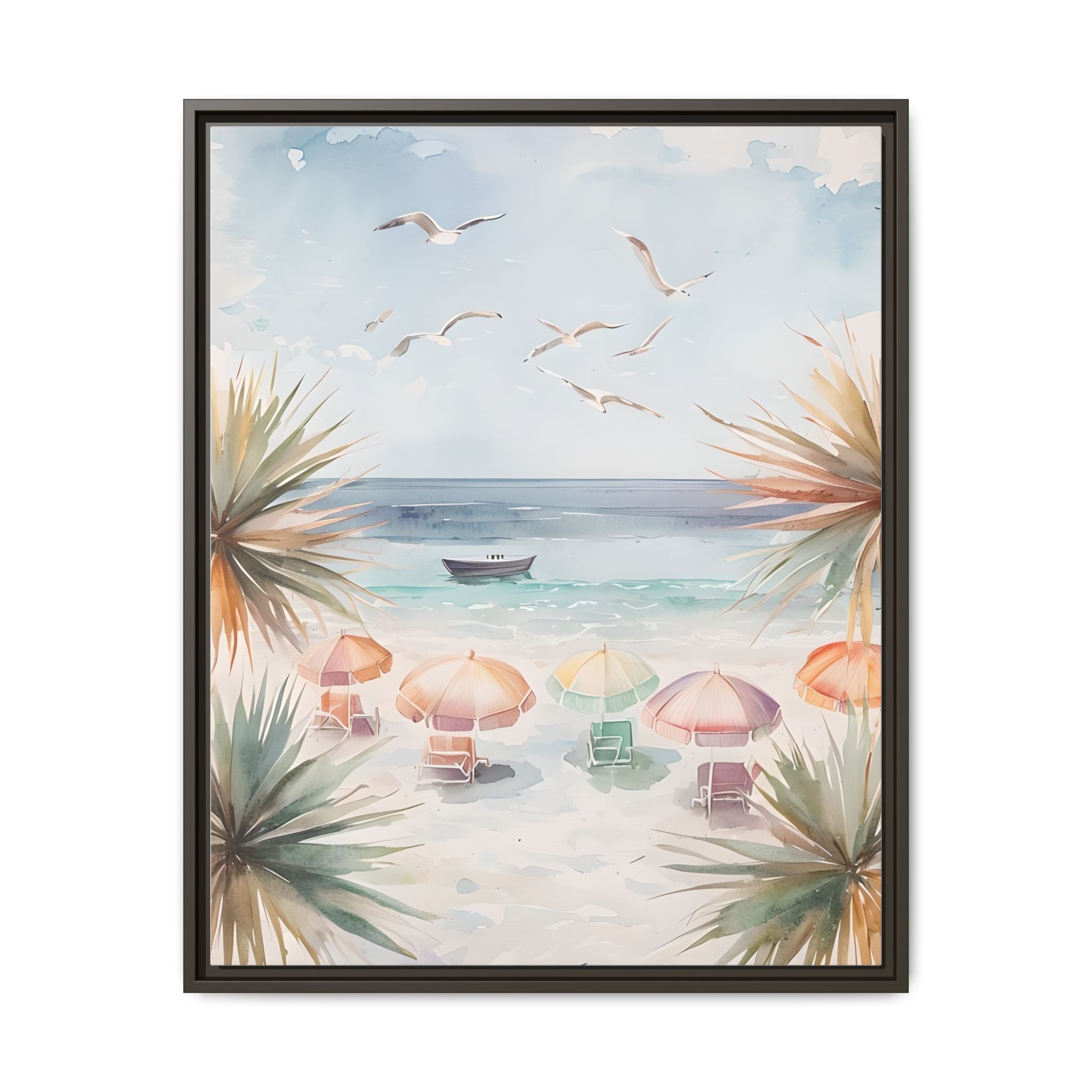 Beach Scene Canvas Wall Art, Oceanview Balcony Print, Umbrellas Seagulls Palm Trees Boat, Matte Framed Decor, Coastal Home Decoration