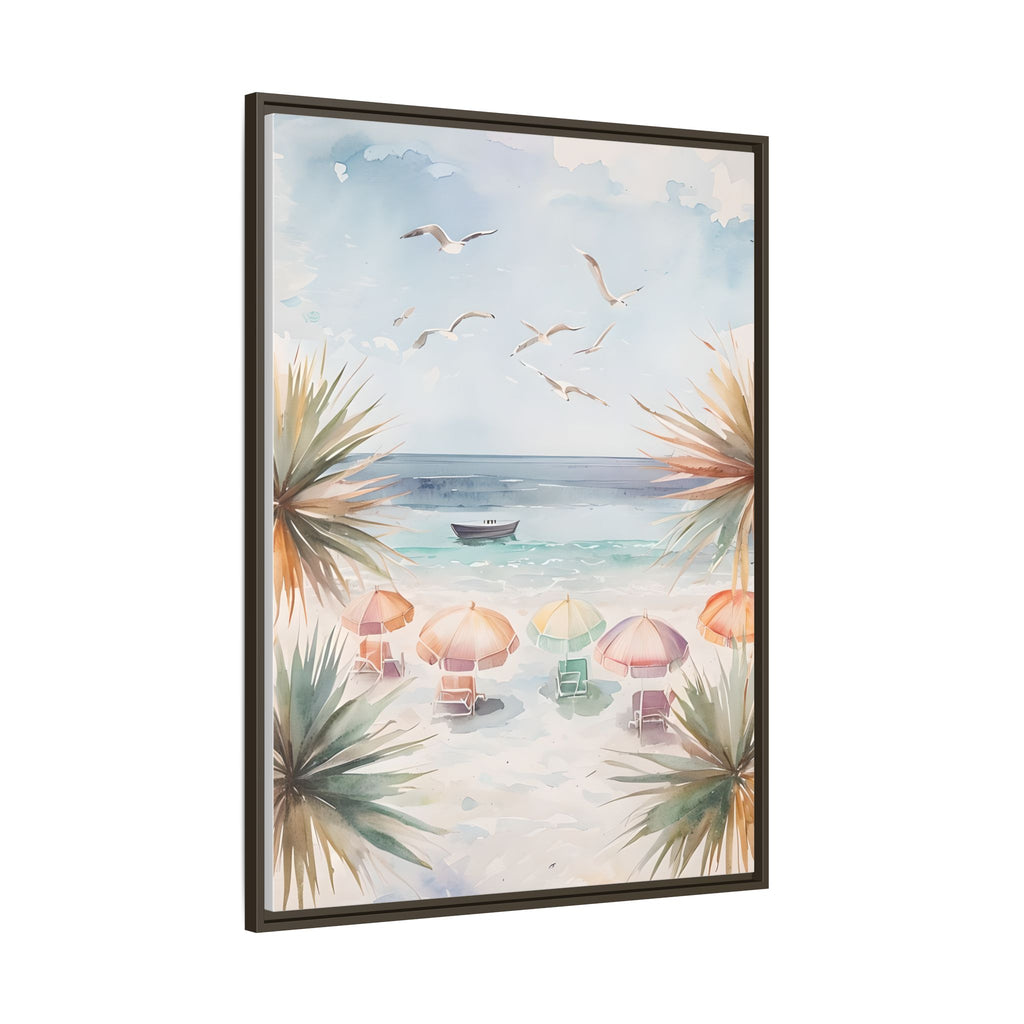 Beach Scene Canvas Wall Art, Oceanview Balcony Print, Umbrellas Seagulls Palm Trees Boat, Matte Framed Decor, Coastal Home Decoration