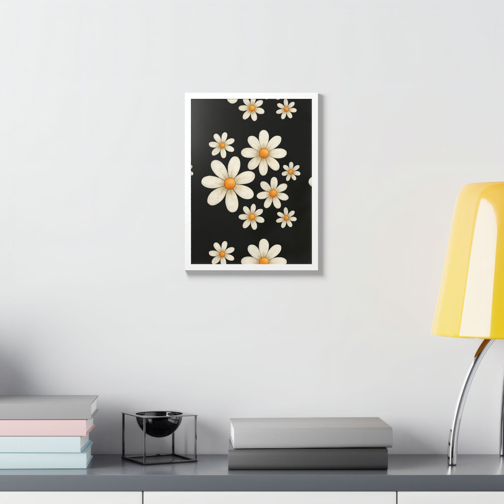 Framed Poster, Daisy Flower Wood, Floral Wall Art, Botanical Home Decor, Nature Lover Gift, Black Background, Unique Design