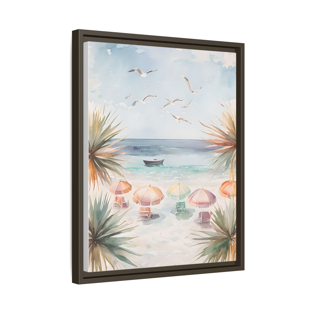 Beach Scene Canvas Wall Art, Oceanview Balcony Print, Umbrellas Seagulls Palm Trees Boat, Matte Framed Decor, Coastal Home Decoration