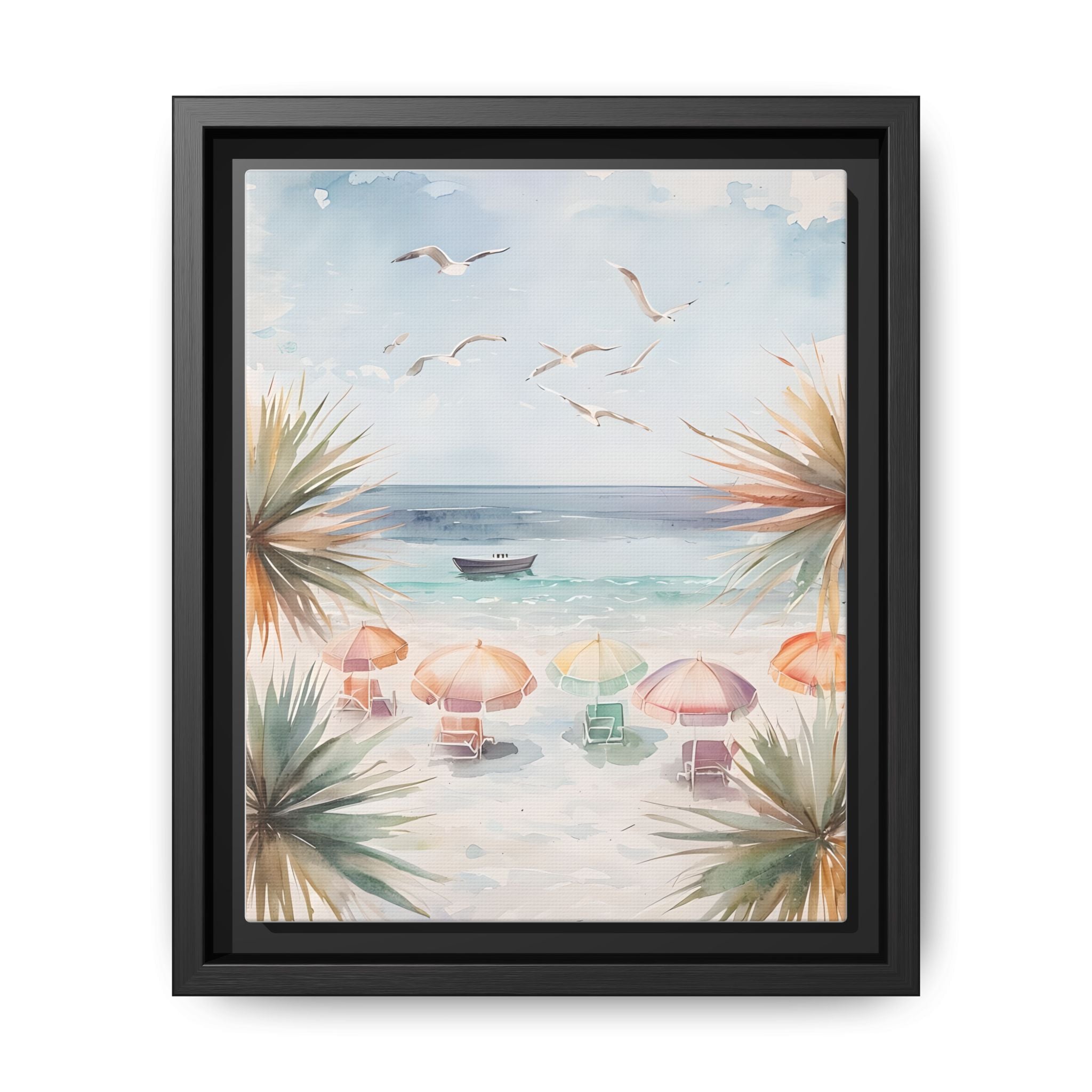 Beach Scene Canvas Wall Art, Oceanview Balcony Print, Umbrellas Seagulls Palm Trees Boat, Matte Framed Decor, Coastal Home Decoration