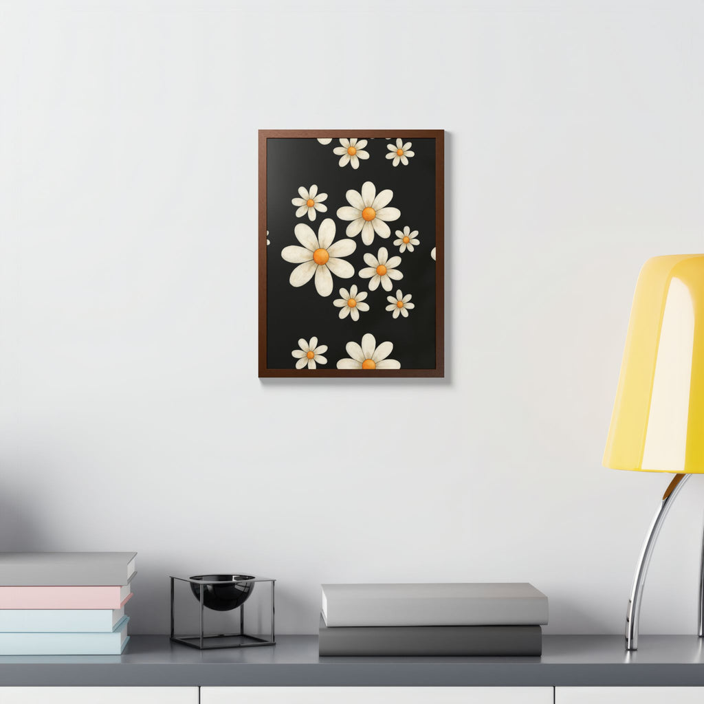 Framed Poster, Daisy Flower Wood, Floral Wall Art, Botanical Home Decor, Nature Lover Gift, Black Background, Unique Design