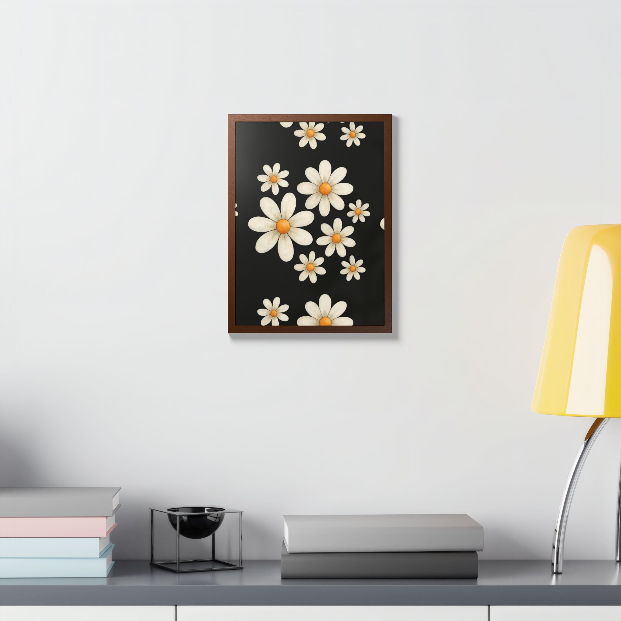 Framed Poster, Daisy Flower Wood, Floral Wall Art, Botanical Home Decor, Nature Lover Gift, Black Background, Unique Design