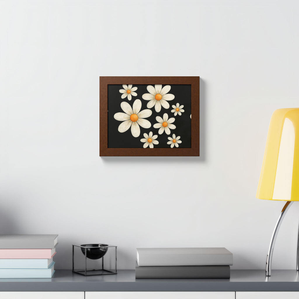 Framed Poster, Daisy Flower Wood, Floral Wall Art, Botanical Home Decor, Nature Lover Gift, Black Background, Unique Design