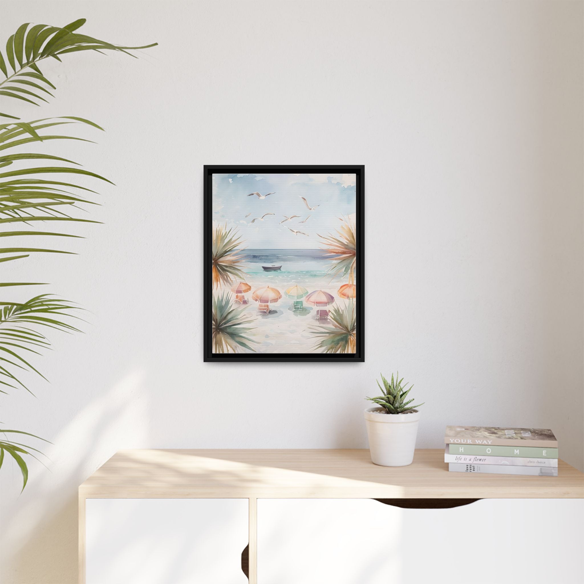Beach Scene Canvas Wall Art, Oceanview Balcony Print, Umbrellas Seagulls Palm Trees Boat, Matte Framed Decor, Coastal Home Decoration