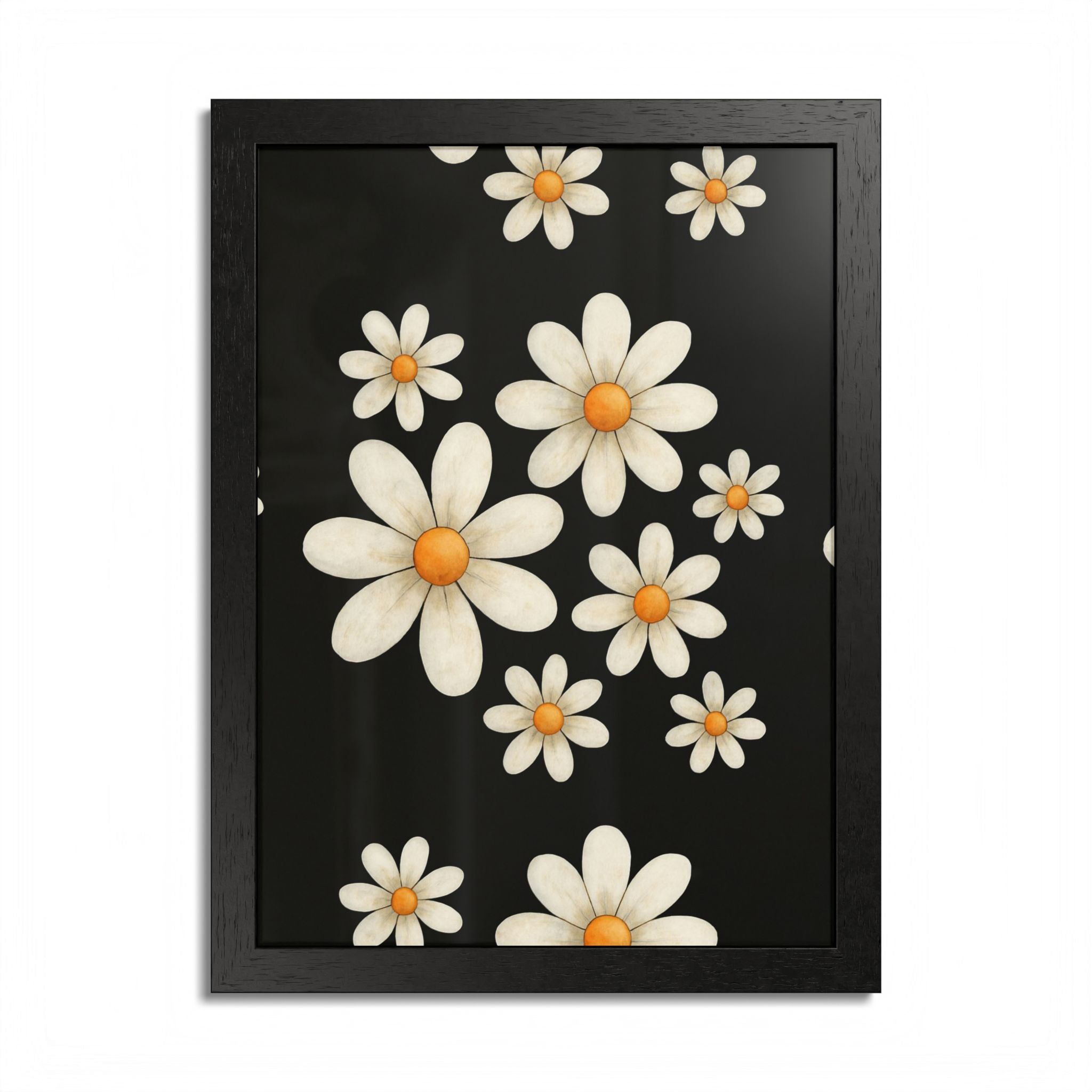 Framed Poster, Daisy Flower Wood, Floral Wall Art, Botanical Home Decor, Nature Lover Gift, Black Background, Unique Design