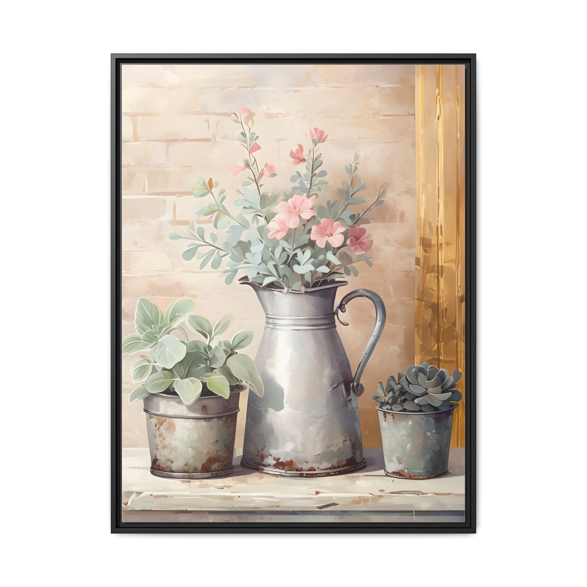 Vintage Galvanized Buckets with Pink Flowers & Succulents Canvas Wall Art, Rustic Brick Wall Farmhouse Decor, Shabby Chic Floral Print