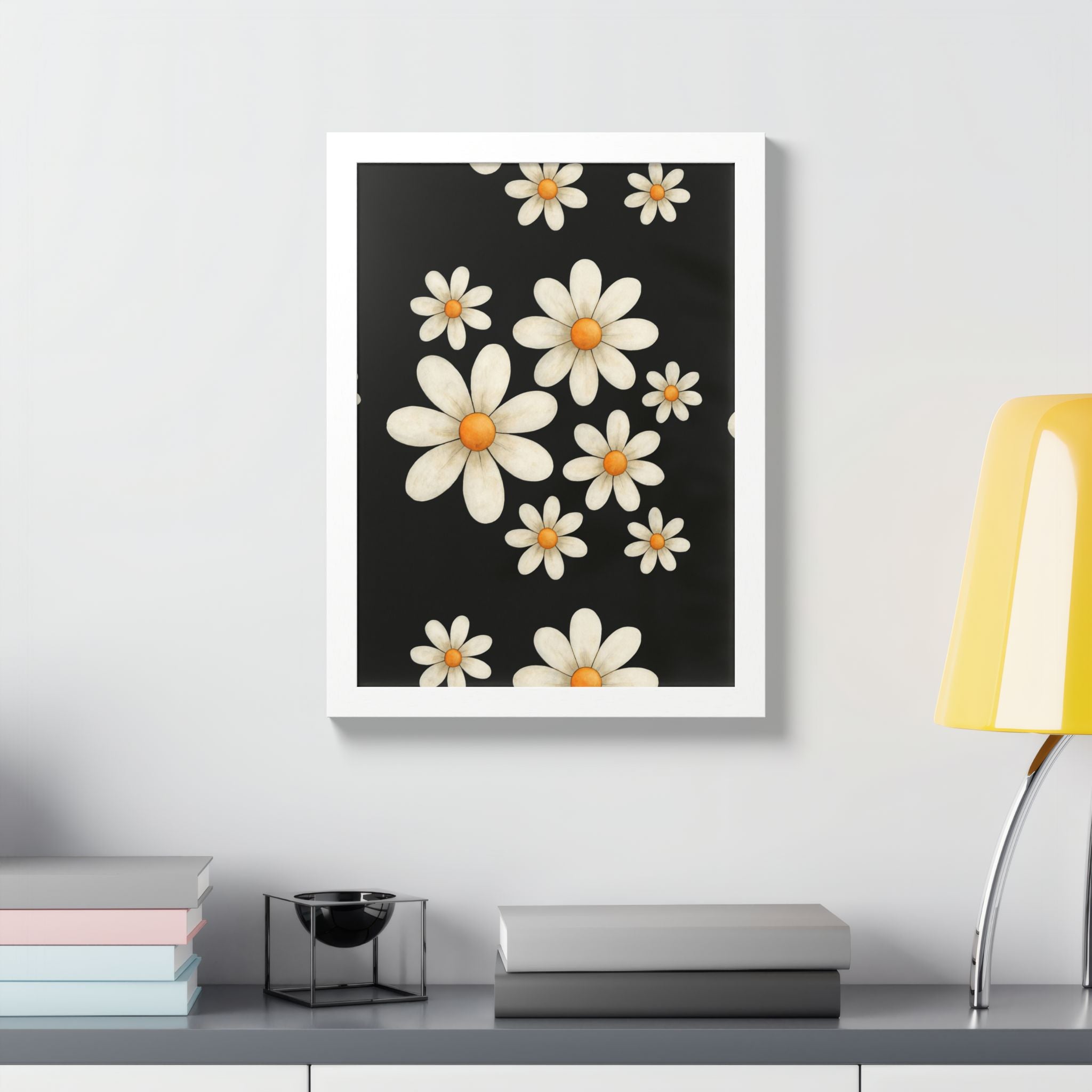 Framed Poster, Daisy Flower Wood, Floral Wall Art, Botanical Home Decor, Nature Lover Gift, Black Background, Unique Design
