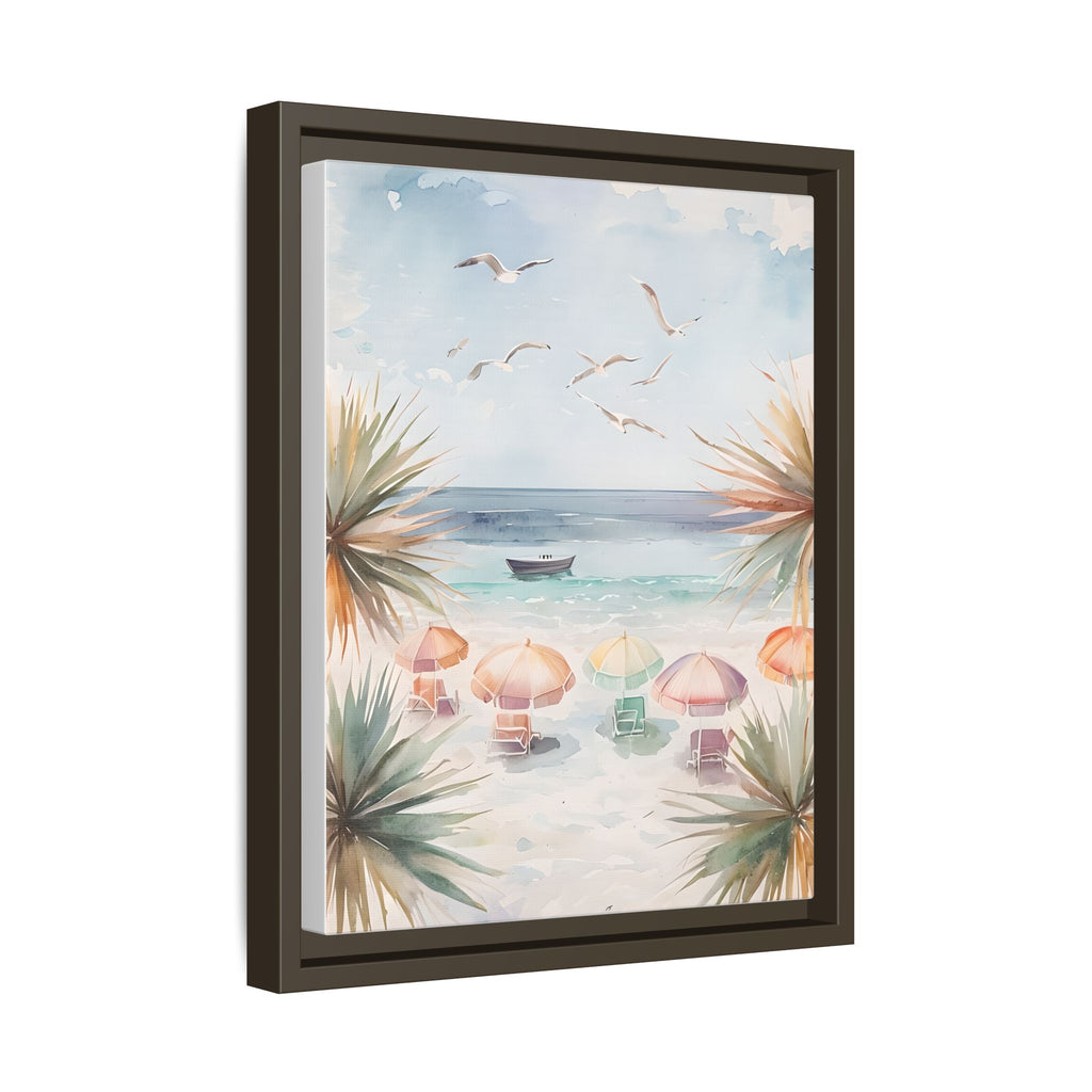 Beach Scene Canvas Wall Art, Oceanview Balcony Print, Umbrellas Seagulls Palm Trees Boat, Matte Framed Decor, Coastal Home Decoration