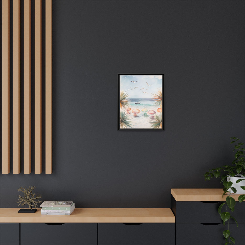 Beach Scene Canvas Wall Art, Oceanview Balcony Print, Umbrellas Seagulls Palm Trees Boat, Matte Framed Decor, Coastal Home Decoration