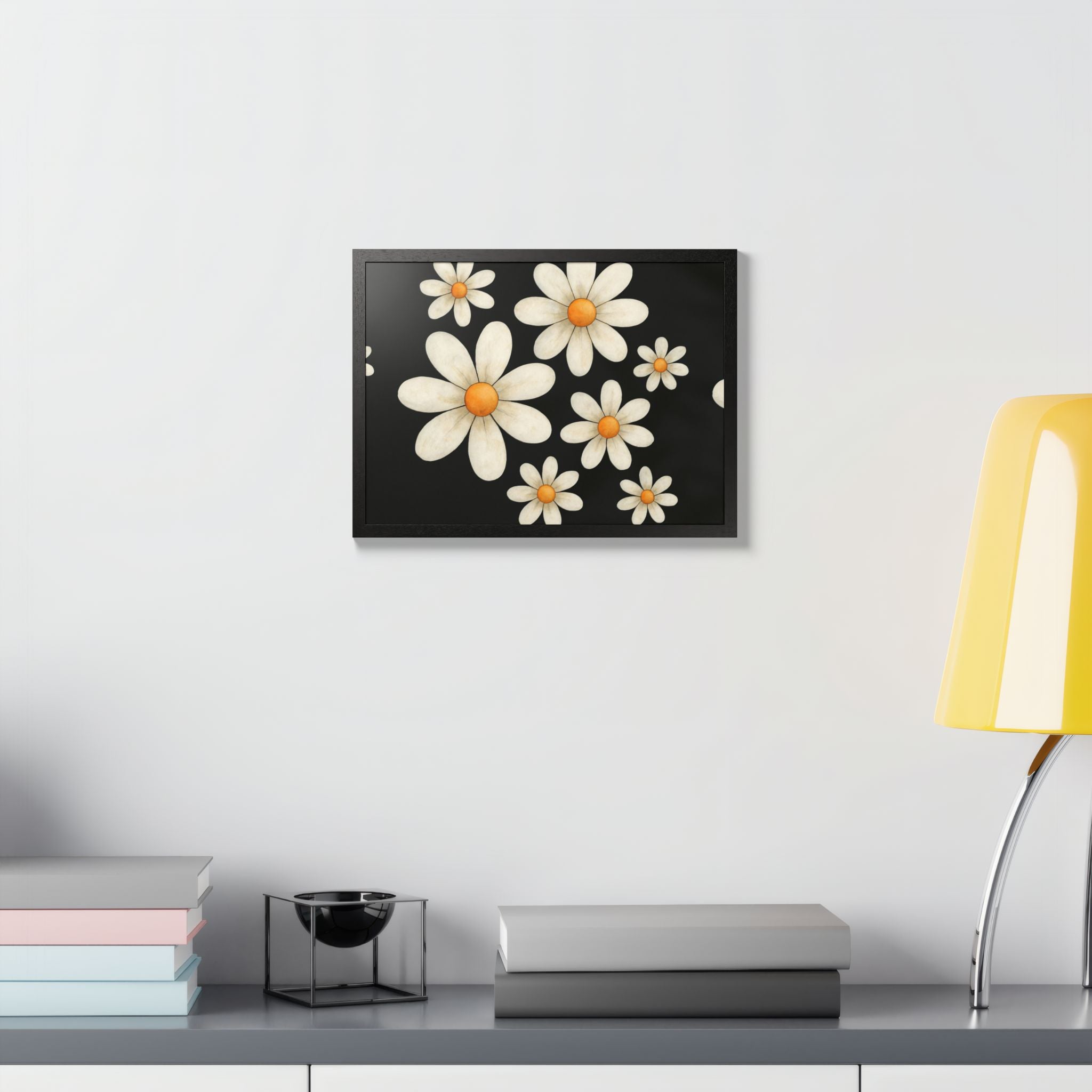 Framed Poster, Daisy Flower Wood, Floral Wall Art, Botanical Home Decor, Nature Lover Gift, Black Background, Unique Design