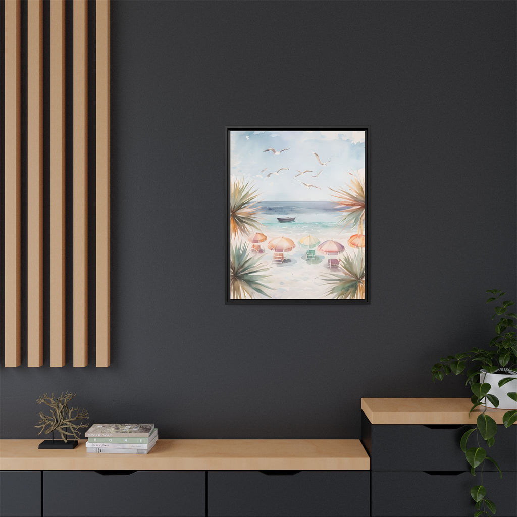 Beach Scene Canvas Wall Art, Oceanview Balcony Print, Umbrellas Seagulls Palm Trees Boat, Matte Framed Decor, Coastal Home Decoration