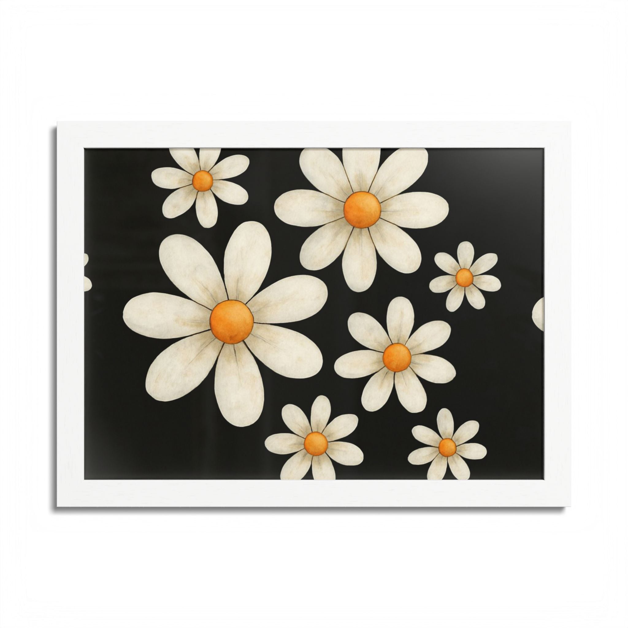 Framed Poster, Daisy Flower Wood, Floral Wall Art, Botanical Home Decor, Nature Lover Gift, Black Background, Unique Design