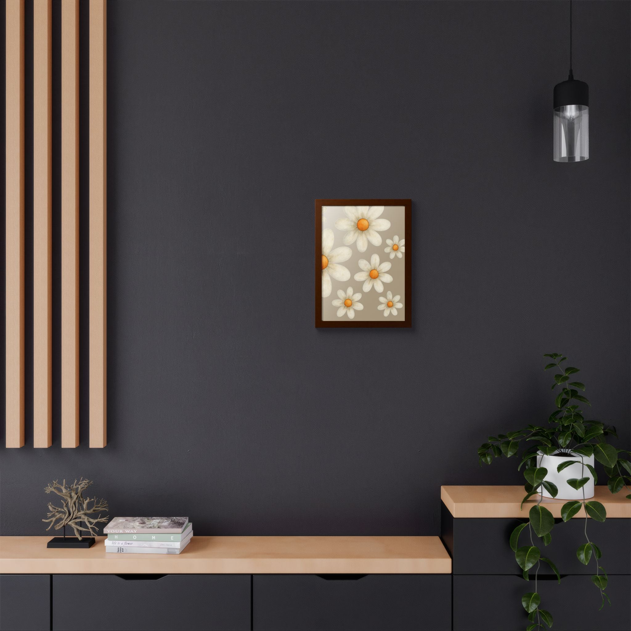 Framed Poster, Daisy Flower in Wood Frame, AI Enhanced, Flower Lover Art Print, Nature Room Decor, Floral Wall Art, Home Decoration Gift,