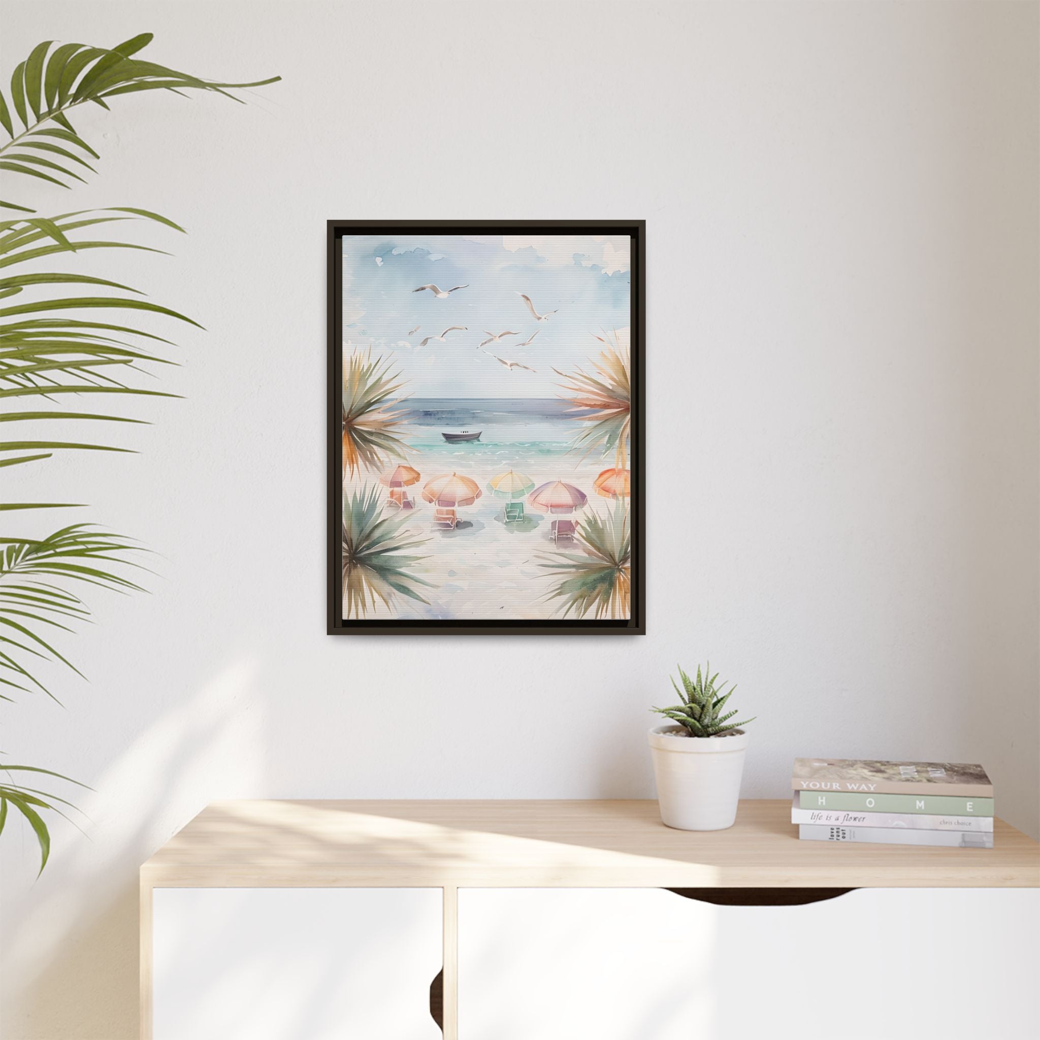 Beach Scene Canvas Wall Art, Oceanview Balcony Print, Umbrellas Seagulls Palm Trees Boat, Matte Framed Decor, Coastal Home Decoration
