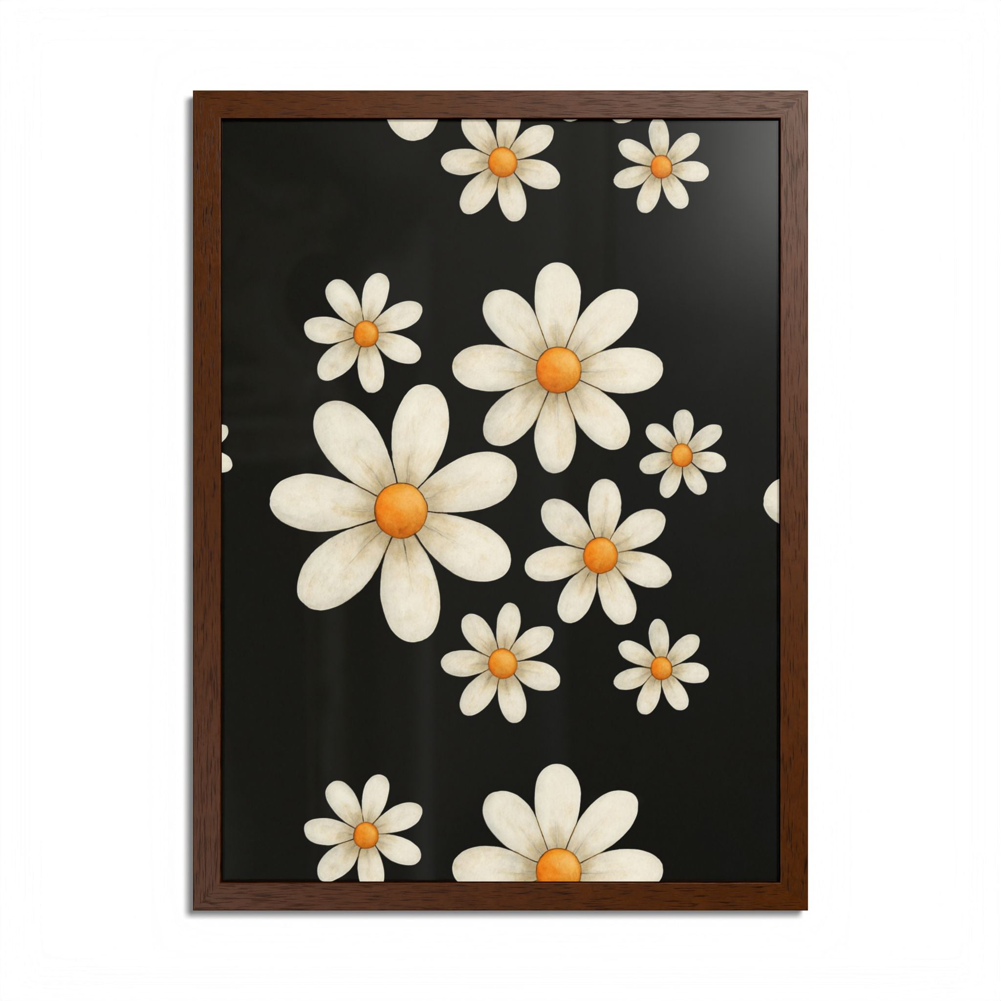 Framed Poster, Daisy Flower Wood, Floral Wall Art, Botanical Home Decor, Nature Lover Gift, Black Background, Unique Design