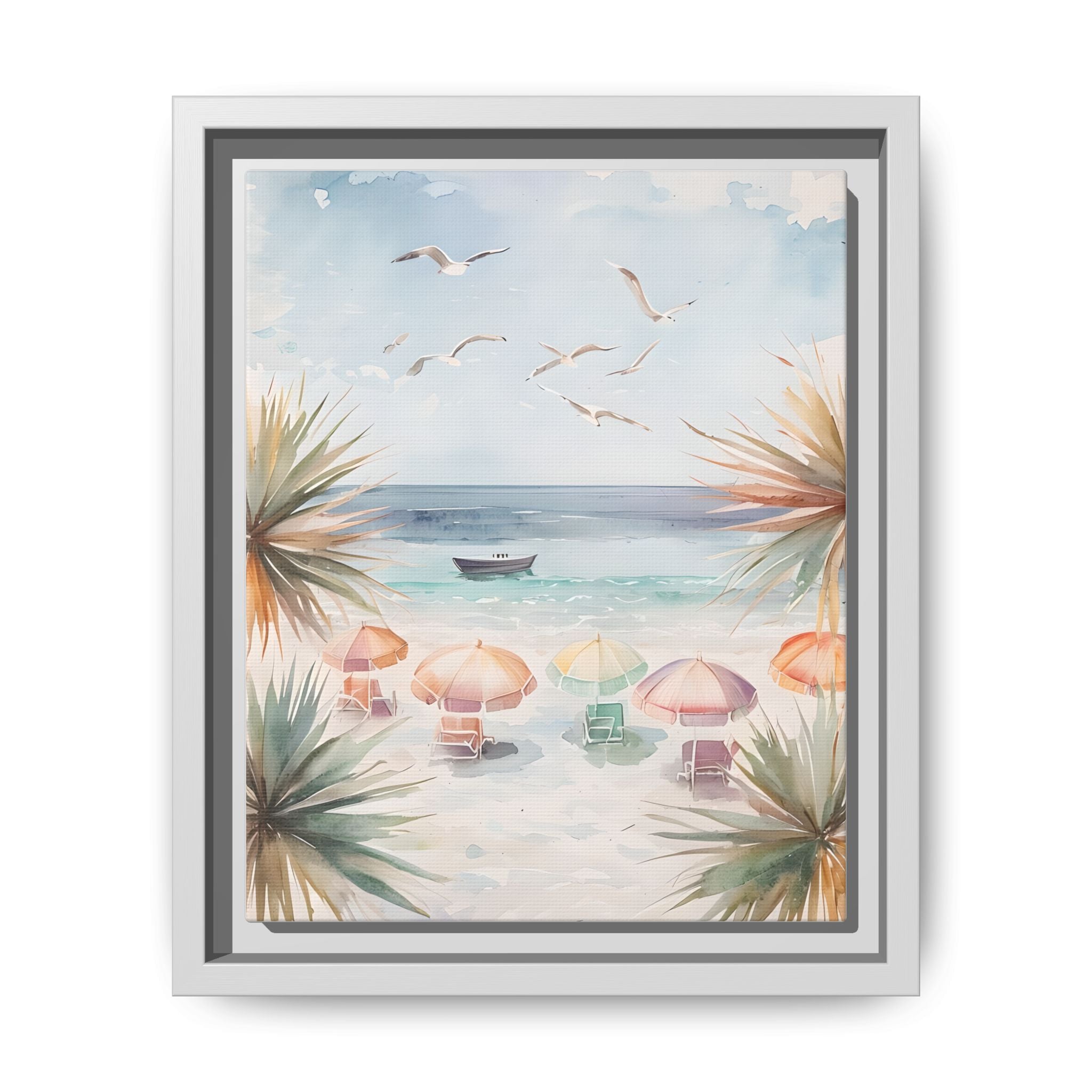 Beach Scene Canvas Wall Art, Oceanview Balcony Print, Umbrellas Seagulls Palm Trees Boat, Matte Framed Decor, Coastal Home Decoration