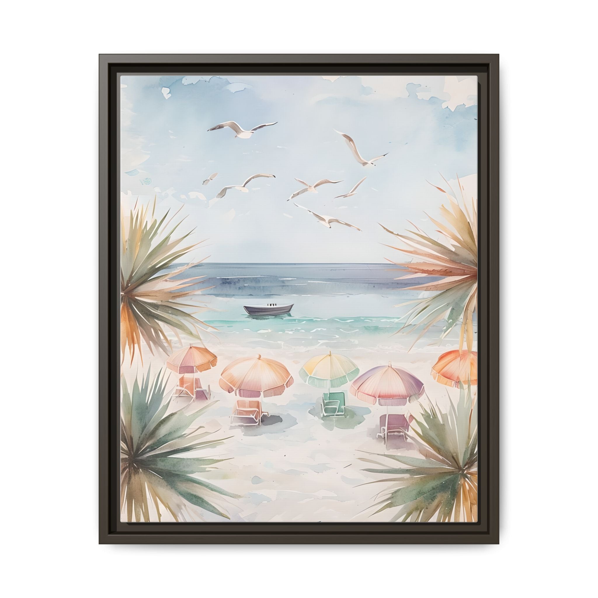 Beach Scene Canvas Wall Art, Oceanview Balcony Print, Umbrellas Seagulls Palm Trees Boat, Matte Framed Decor, Coastal Home Decoration
