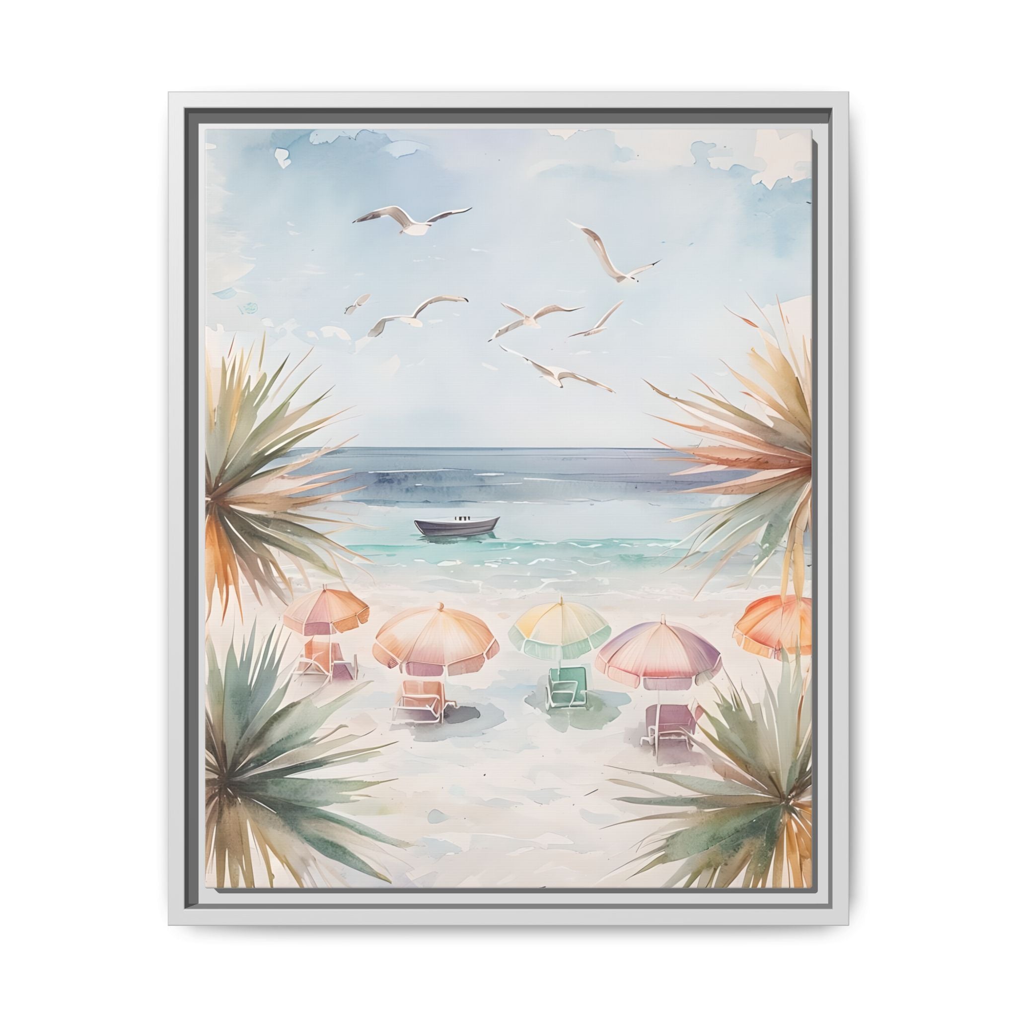 Beach Scene Canvas Wall Art, Oceanview Balcony Print, Umbrellas Seagulls Palm Trees Boat, Matte Framed Decor, Coastal Home Decoration