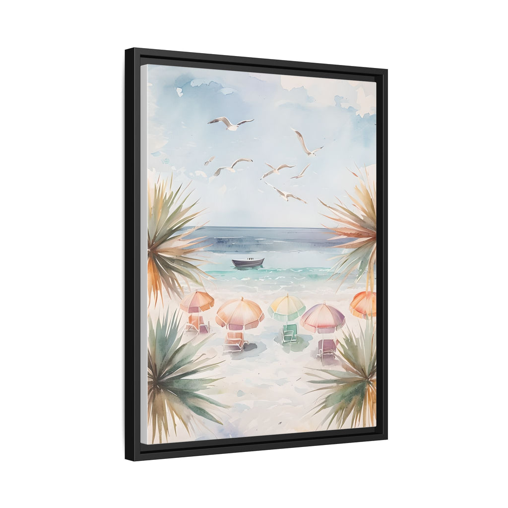 Beach Scene Canvas Wall Art, Oceanview Balcony Print, Umbrellas Seagulls Palm Trees Boat, Matte Framed Decor, Coastal Home Decoration