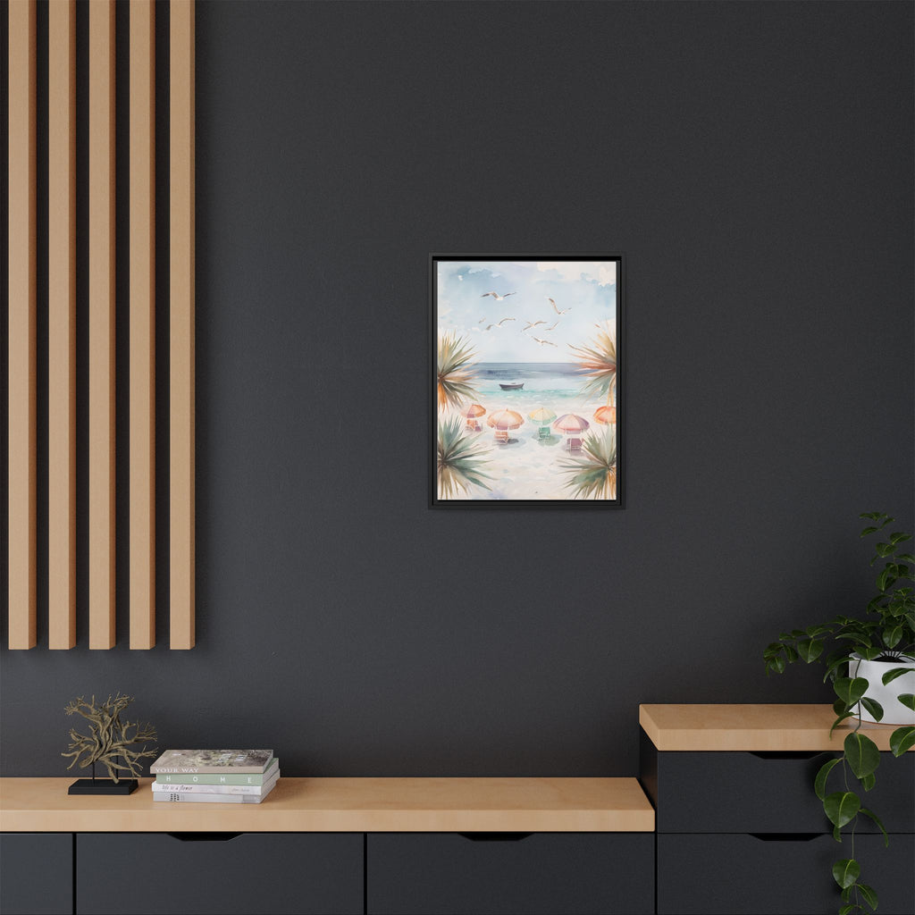 Beach Scene Canvas Wall Art, Oceanview Balcony Print, Umbrellas Seagulls Palm Trees Boat, Matte Framed Decor, Coastal Home Decoration