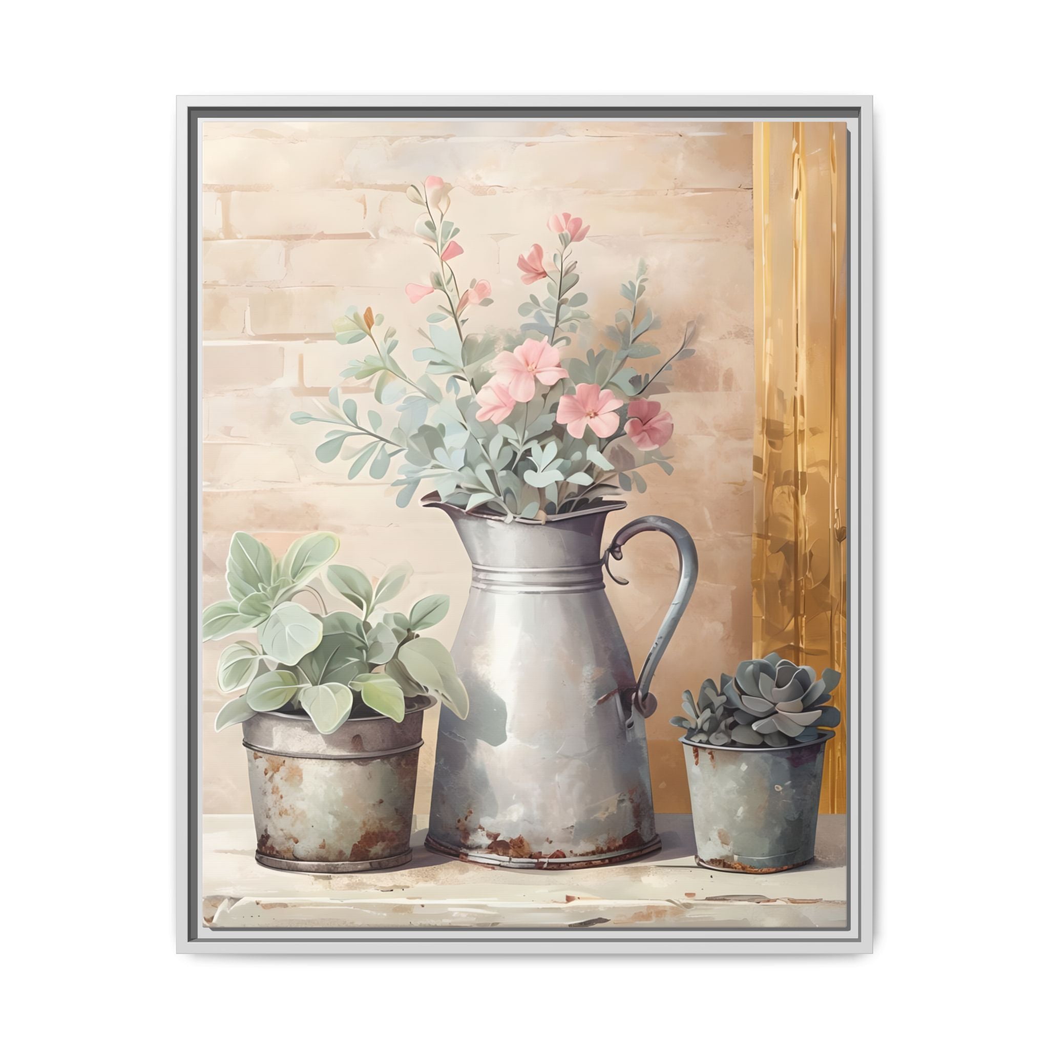 Vintage Galvanized Buckets with Pink Flowers & Succulents Canvas Wall Art, Rustic Brick Wall Farmhouse Decor, Shabby Chic Floral Print