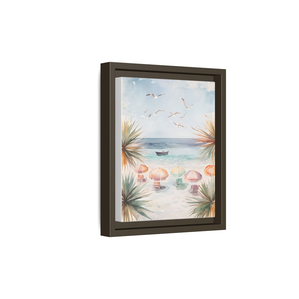 Beach Scene Canvas Wall Art, Oceanview Balcony Print, Umbrellas Seagulls Palm Trees Boat, Matte Framed Decor, Coastal Home Decoration