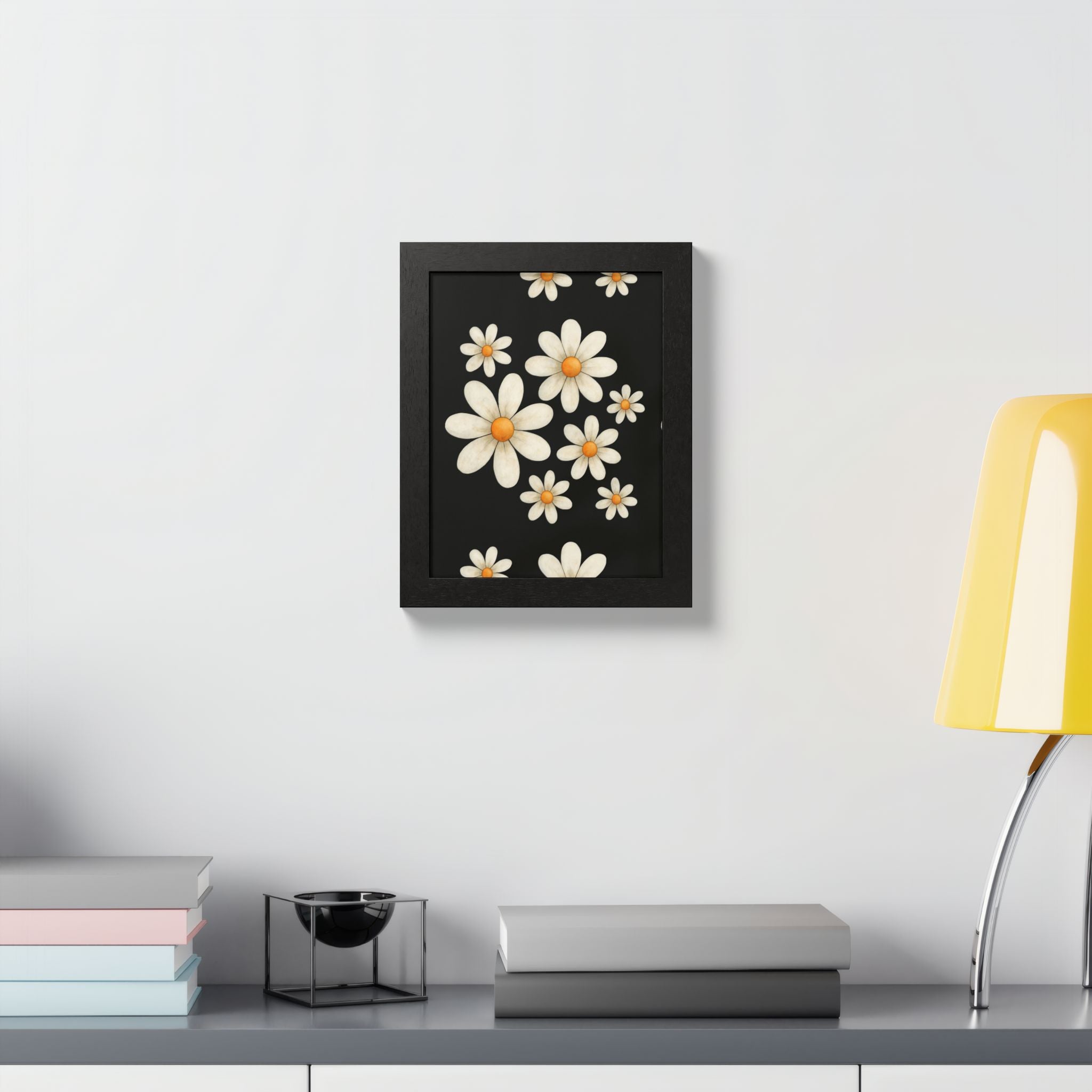 Framed Poster, Daisy Flower Wood, Floral Wall Art, Botanical Home Decor, Nature Lover Gift, Black Background, Unique Design