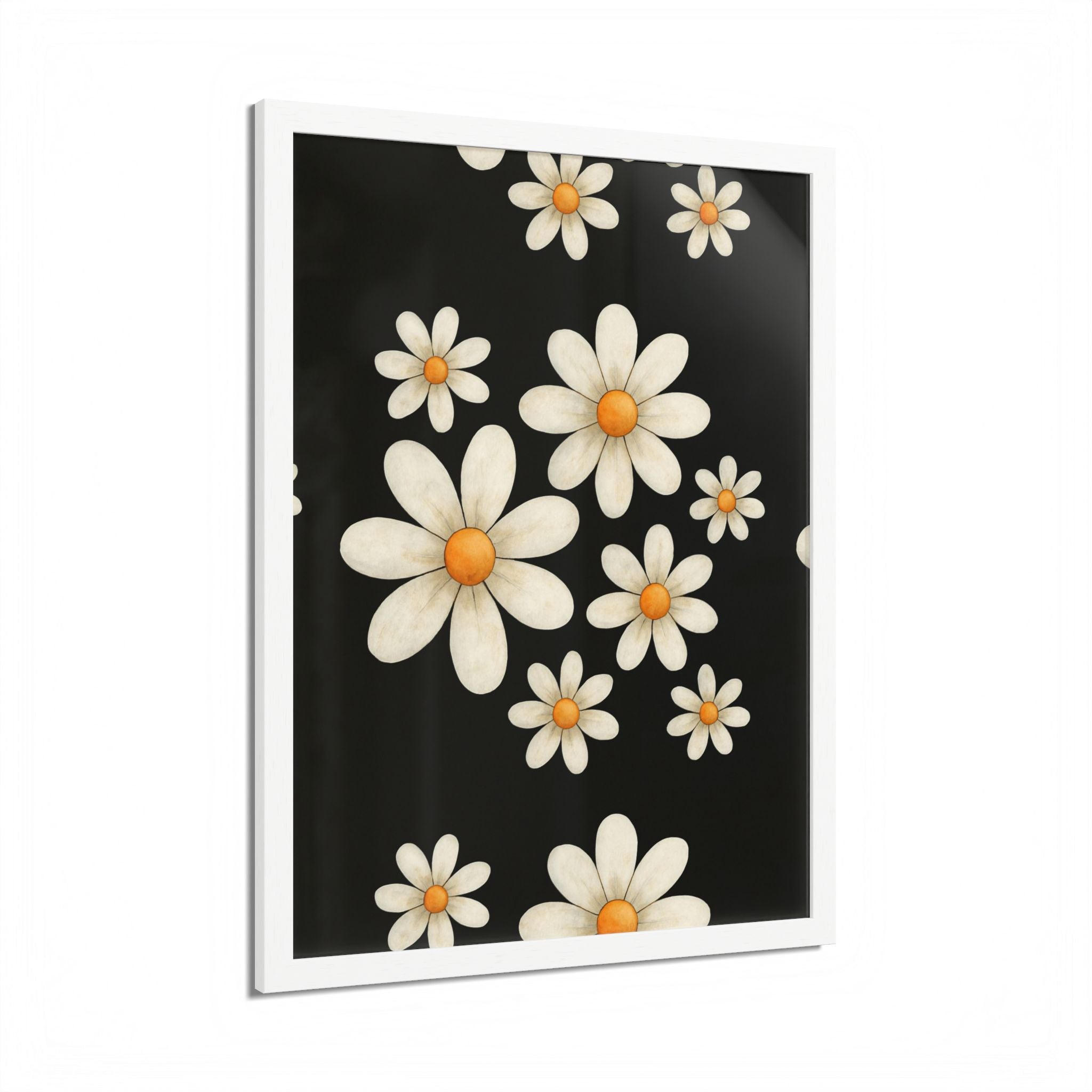 Framed Poster, Daisy Flower Wood, Floral Wall Art, Botanical Home Decor, Nature Lover Gift, Black Background, Unique Design