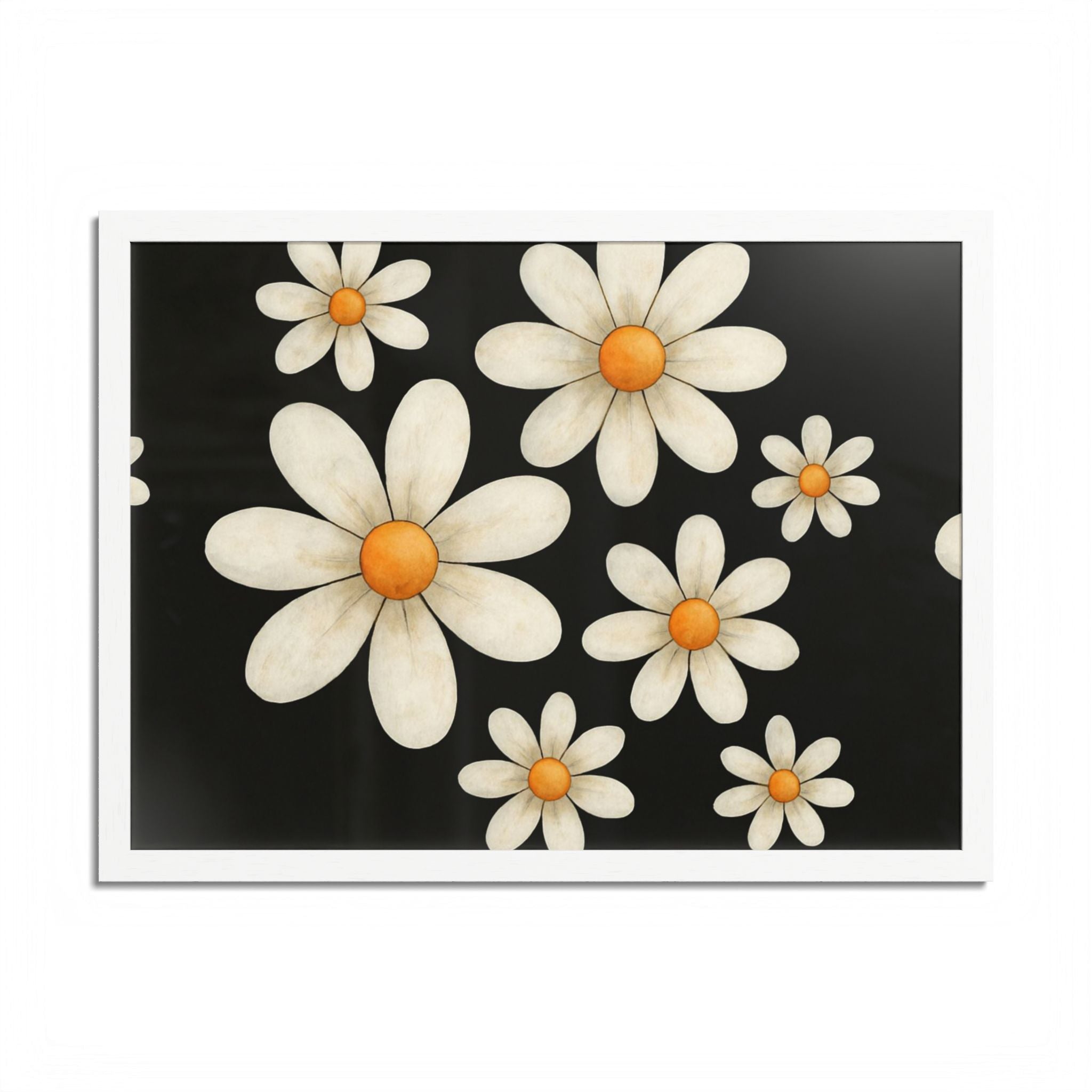 Framed Poster, Daisy Flower Wood, Floral Wall Art, Botanical Home Decor, Nature Lover Gift, Black Background, Unique Design